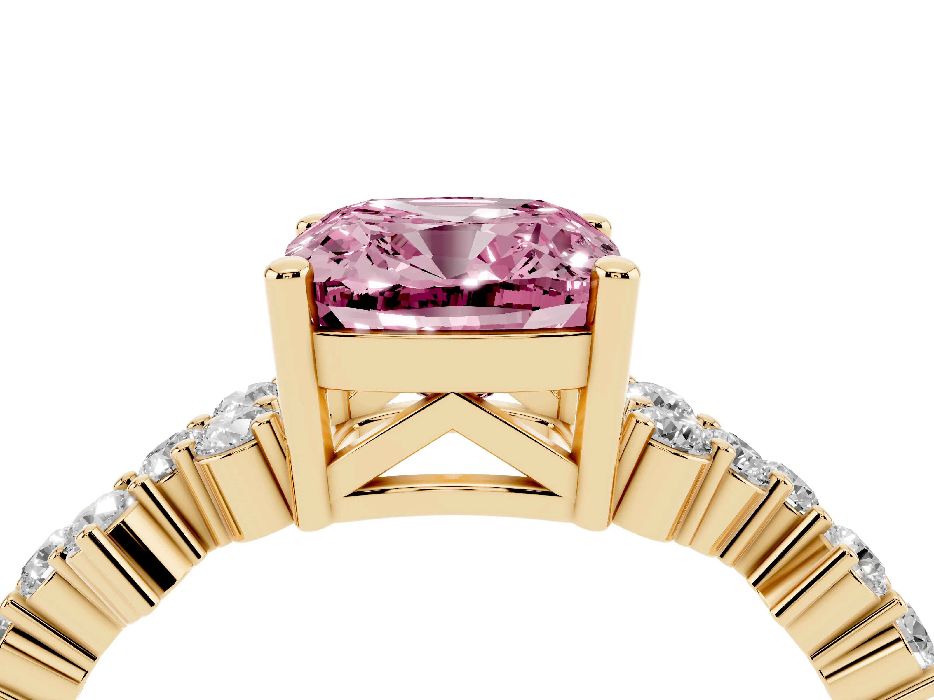Fancy Pink Cushion Cut Diamond Ring Set in Yellow gold with Scattered Round Accents