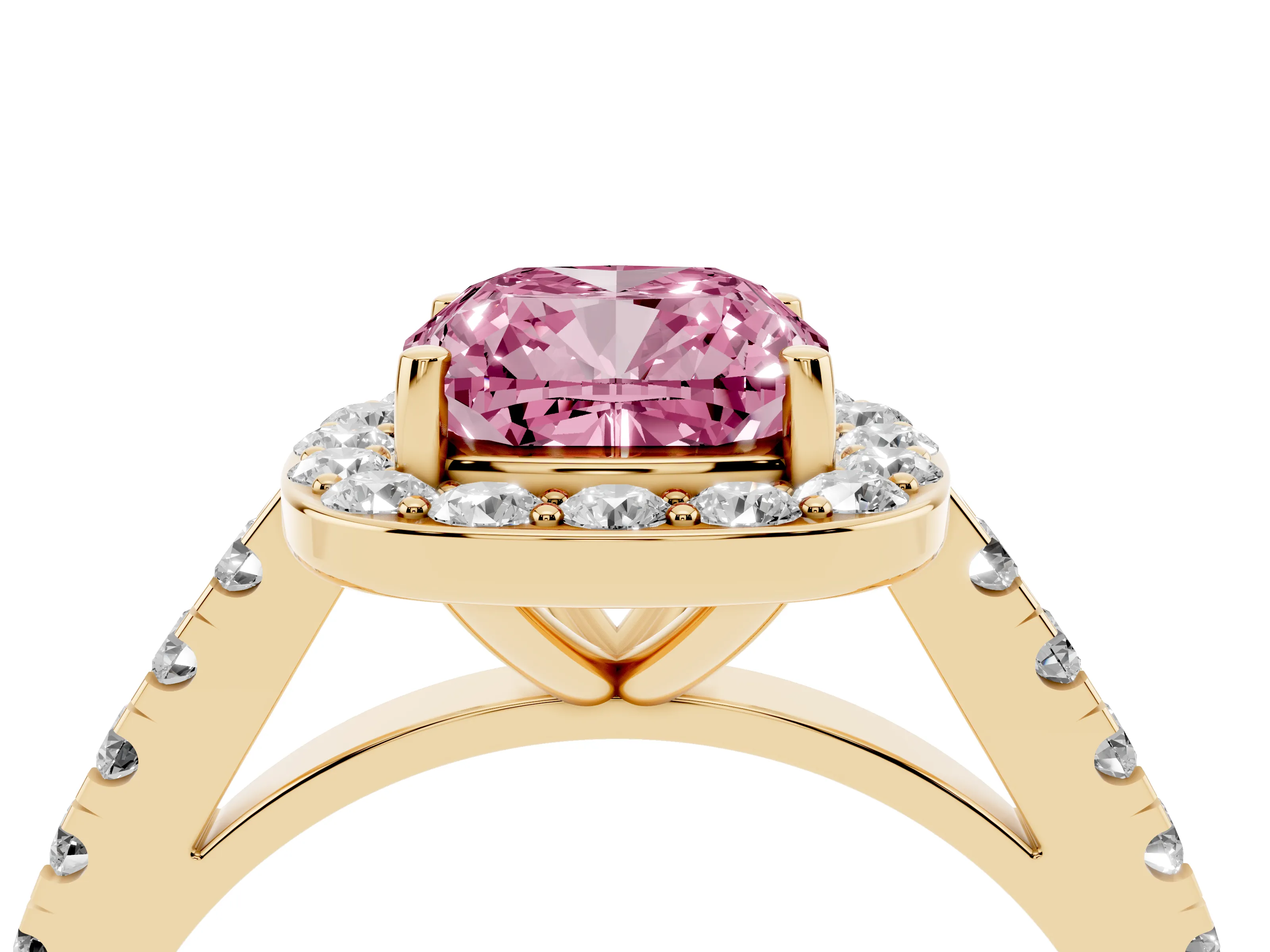 Fancy Pink Cushion Cut Diamond Halo Ring Set in Yellow gold with Round Pavé Split Shank and Prong Setting