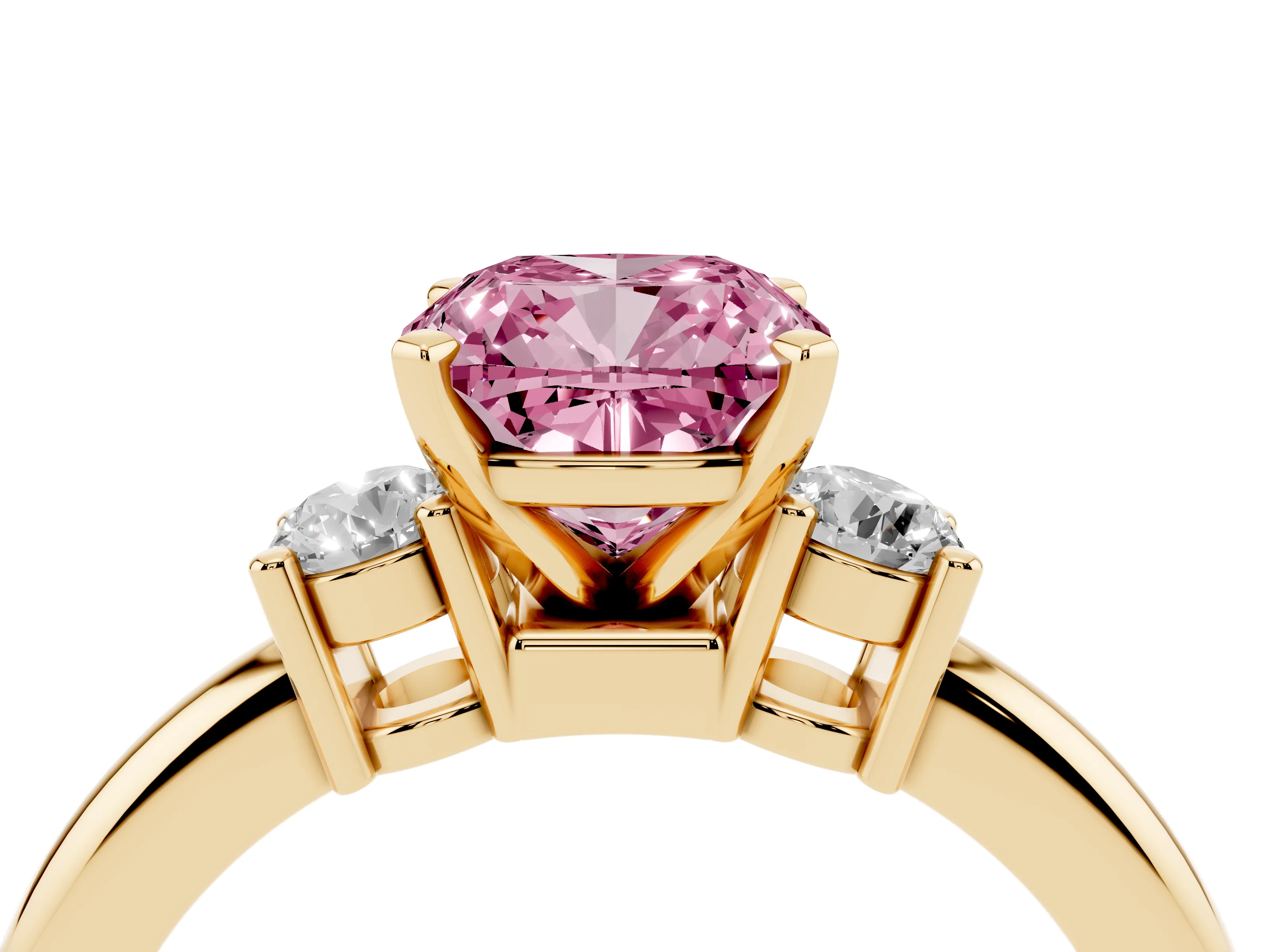 Fancy Pink Three-Stone Cushion Cut Diamond Ring Set in Yellow gold with Prong Setting and Plain Band