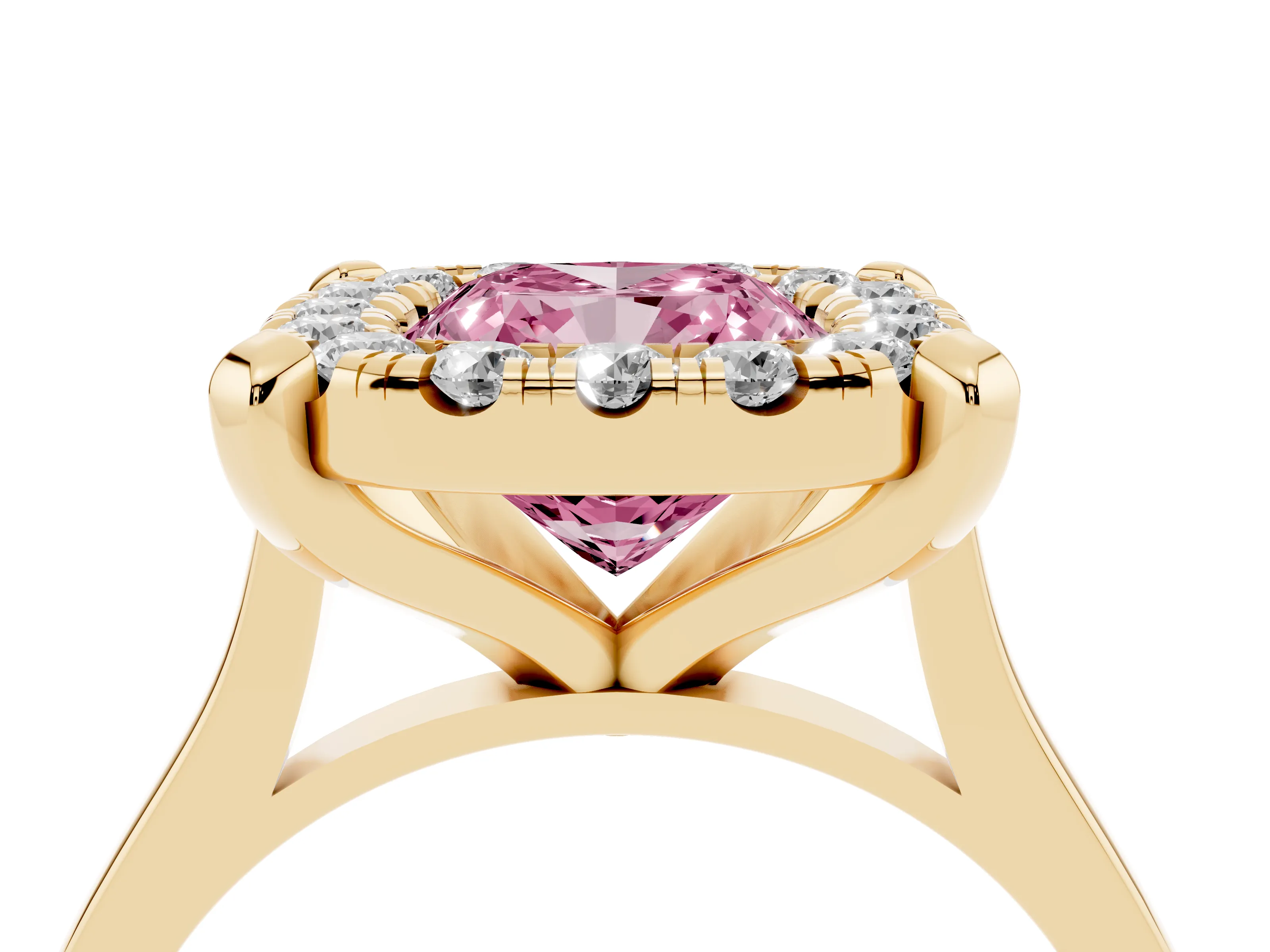 Fancy Pink Cushion Cut Diamond Cluster Halo Solitaire Ring Set in Yellow gold with Prong Setting