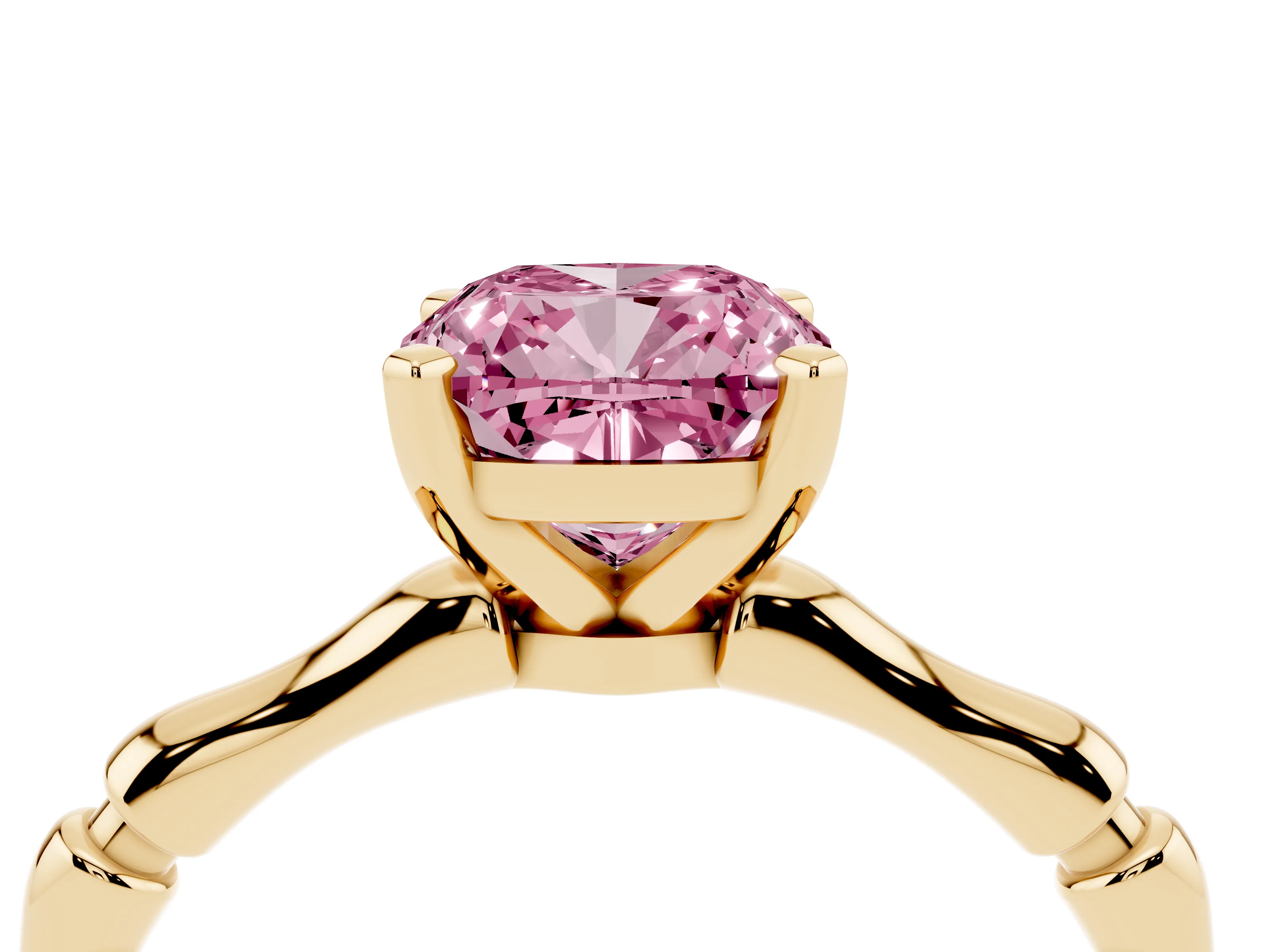 Fancy Pink Cushion Cut Diamond Solitaire Ring Set in Yellow gold with Bamboo Band and Prong Setting
