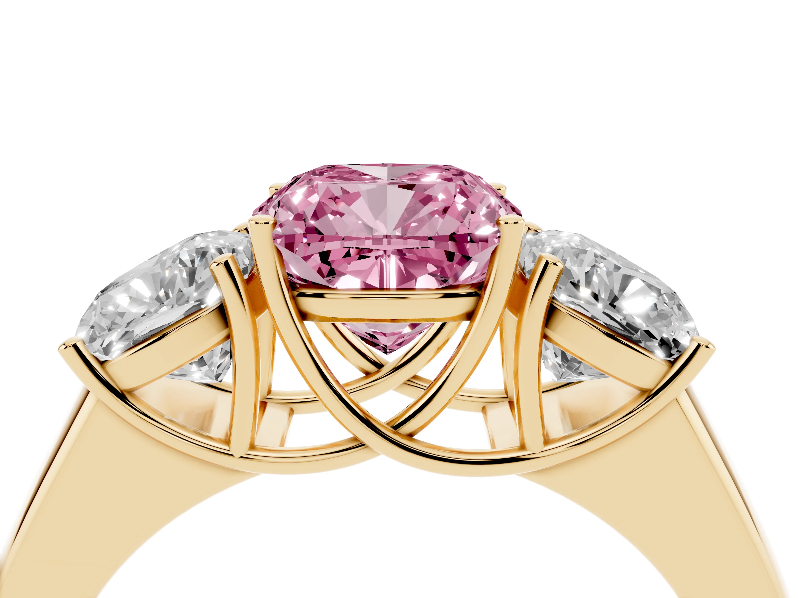 Fancy Pink Three-Stone Cushion Cut Diamond Ring Set in Yellow gold with Matching Prong Settings and Plain Band