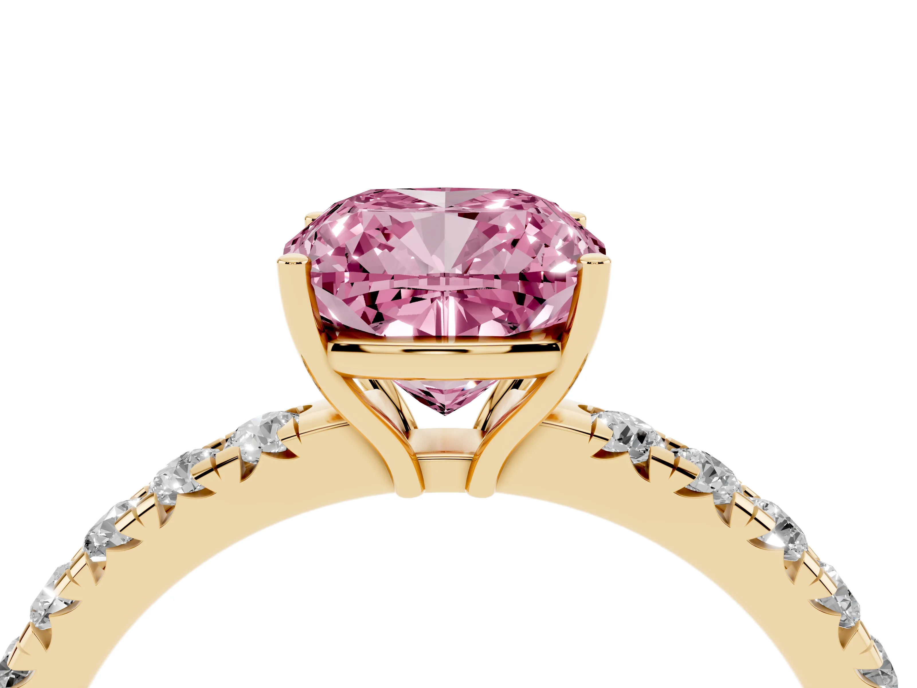 Fancy Pink Cushion Cut Diamond Pavé Solitaire Engagement Ring Set in Yellow gold with Prong Setting