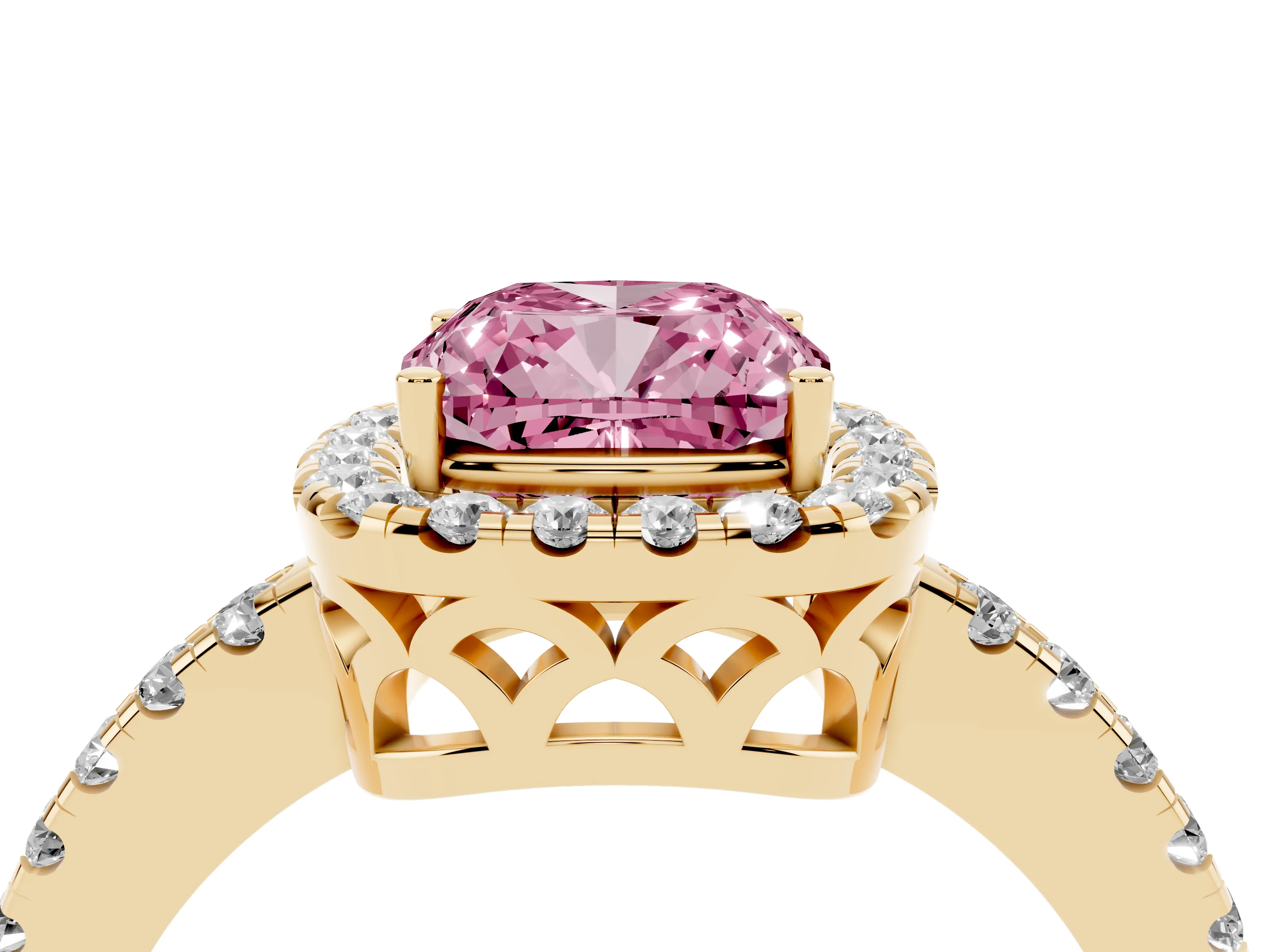 Fancy Pink Cushion Cut Diamond Pavé Band Halo Engagement Ring Set in Yellow gold with Prong Setting