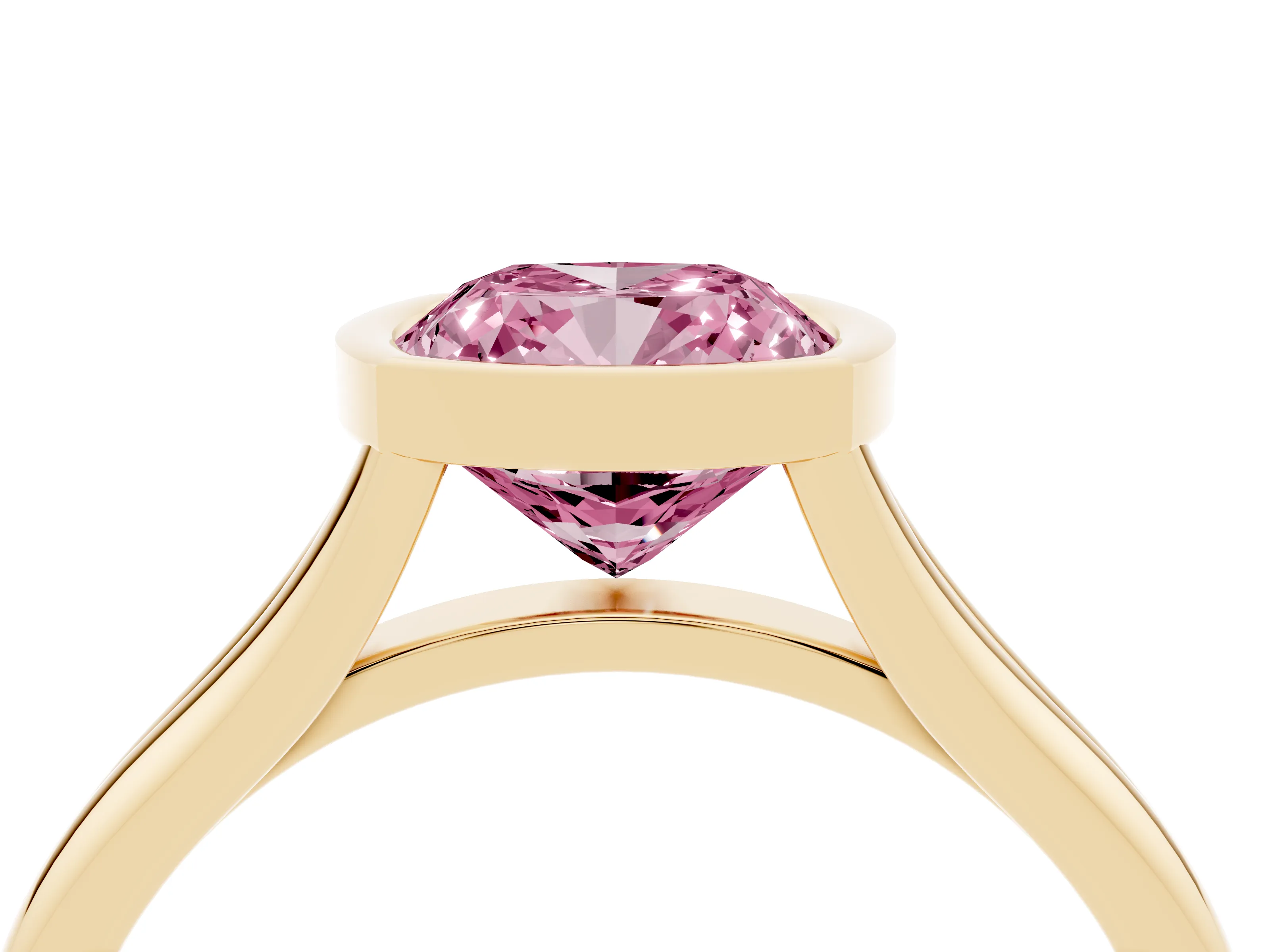 Fancy Pink Bezel Set Cushion Cut Diamond Solitaire Ring Set in Yellow gold with Tapered Band