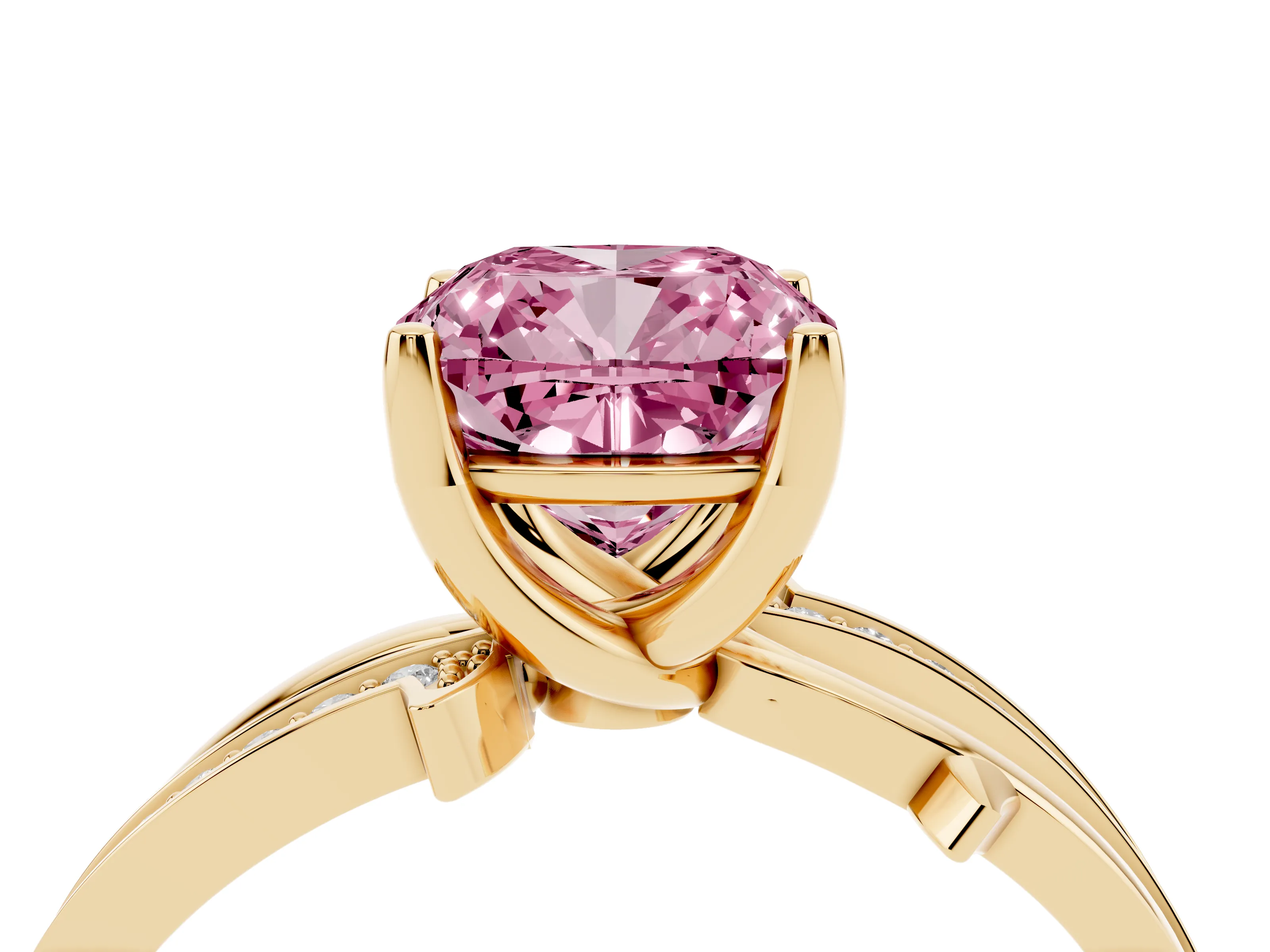 Fancy Pink Cushion Cut Diamond Pavé Twist Band Solitaire Ring Set in Yellow gold with Prong Setting