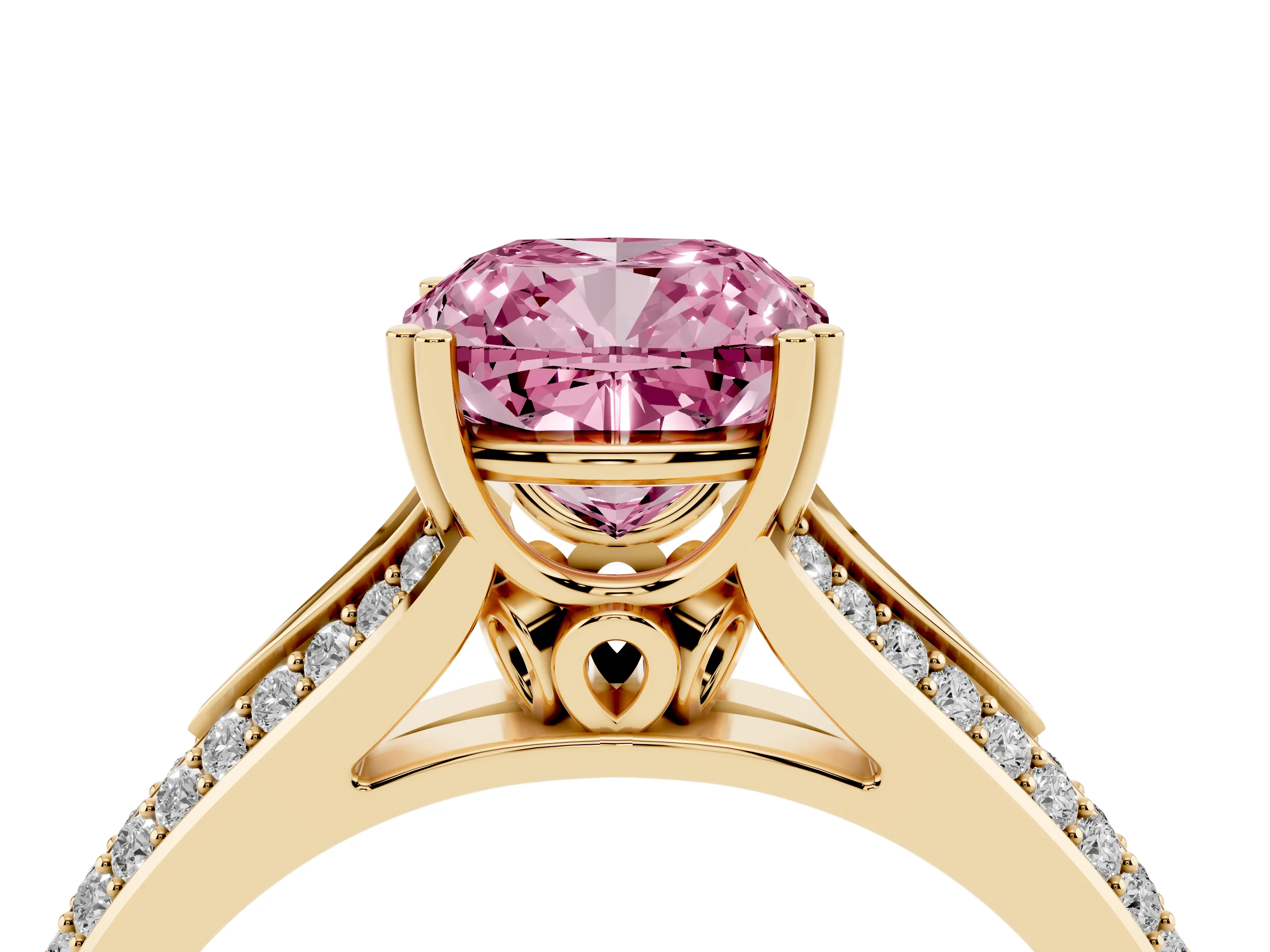 Fancy Pink Cushion Cut Diamond Split Shank Pavé Engagement Ring Set in Yellow gold with Prong-Set Center Stone