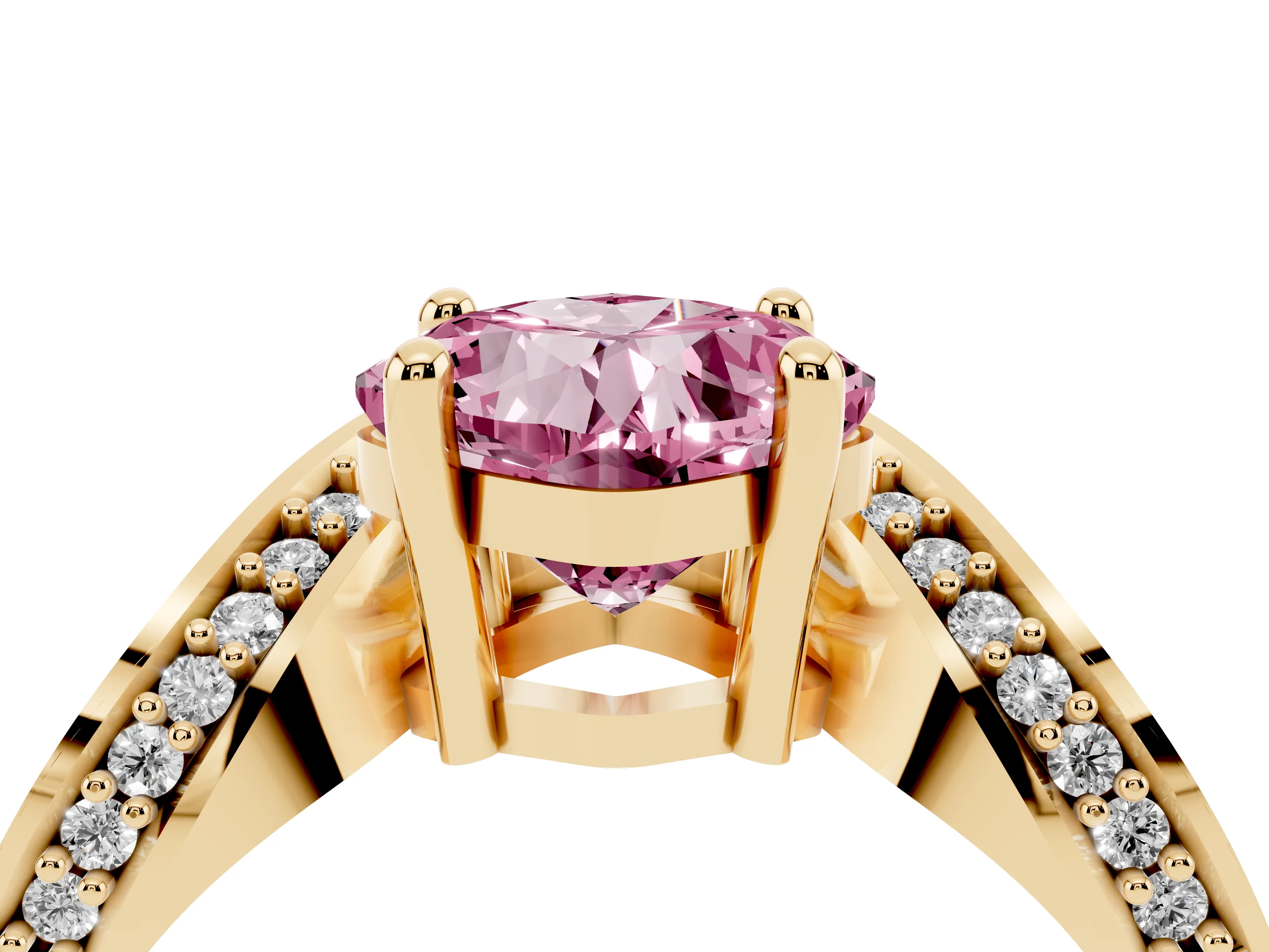 Fancy Pink Cushion Cut Diamond Solitaire Engagement Ring Set in Yellow gold with Pavé Shoulders