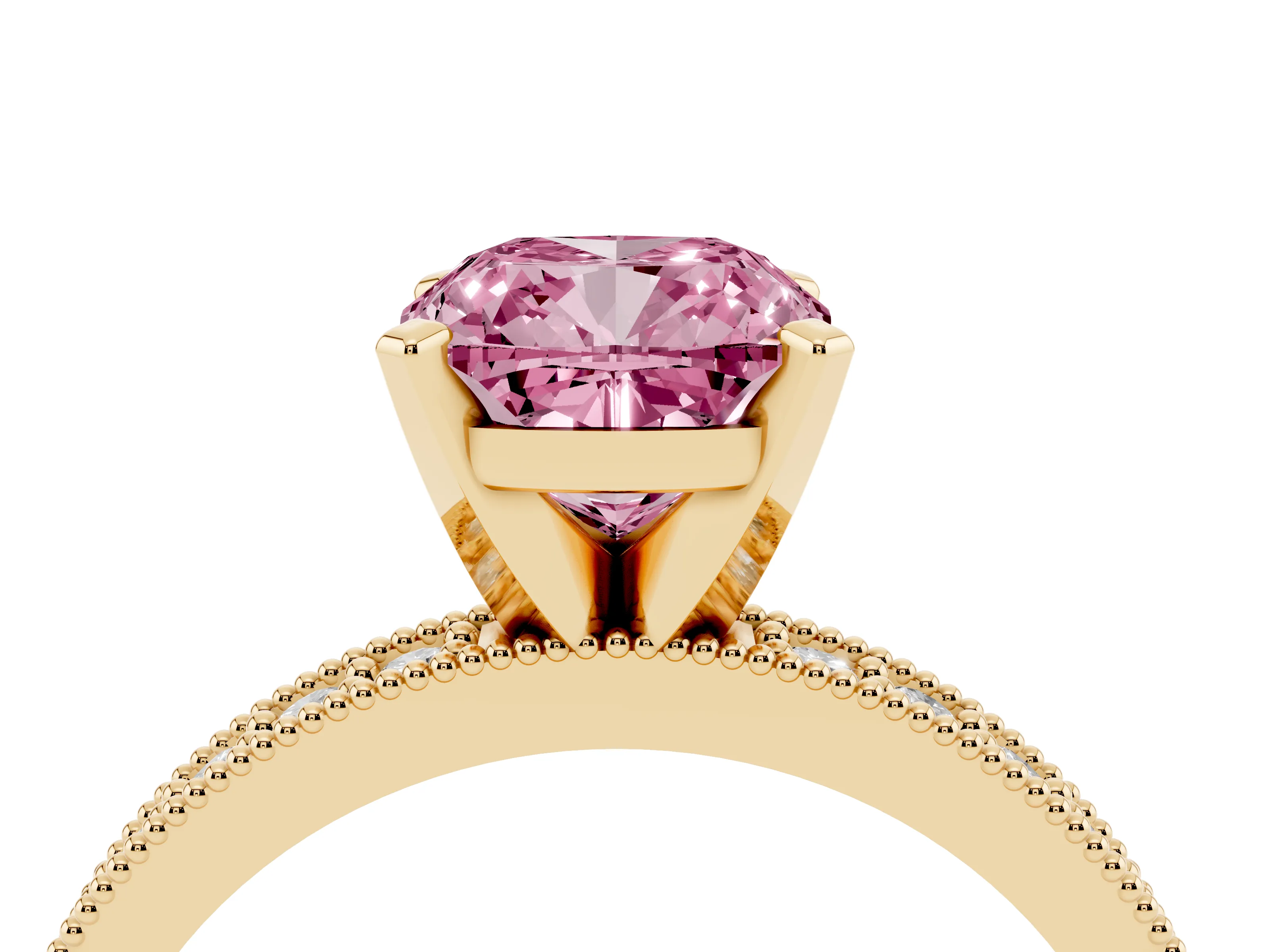 Fancy Pink Cushion Cut Diamond Milgrain Pavé Engagement Ring Set in Yellow gold with Prong Setting