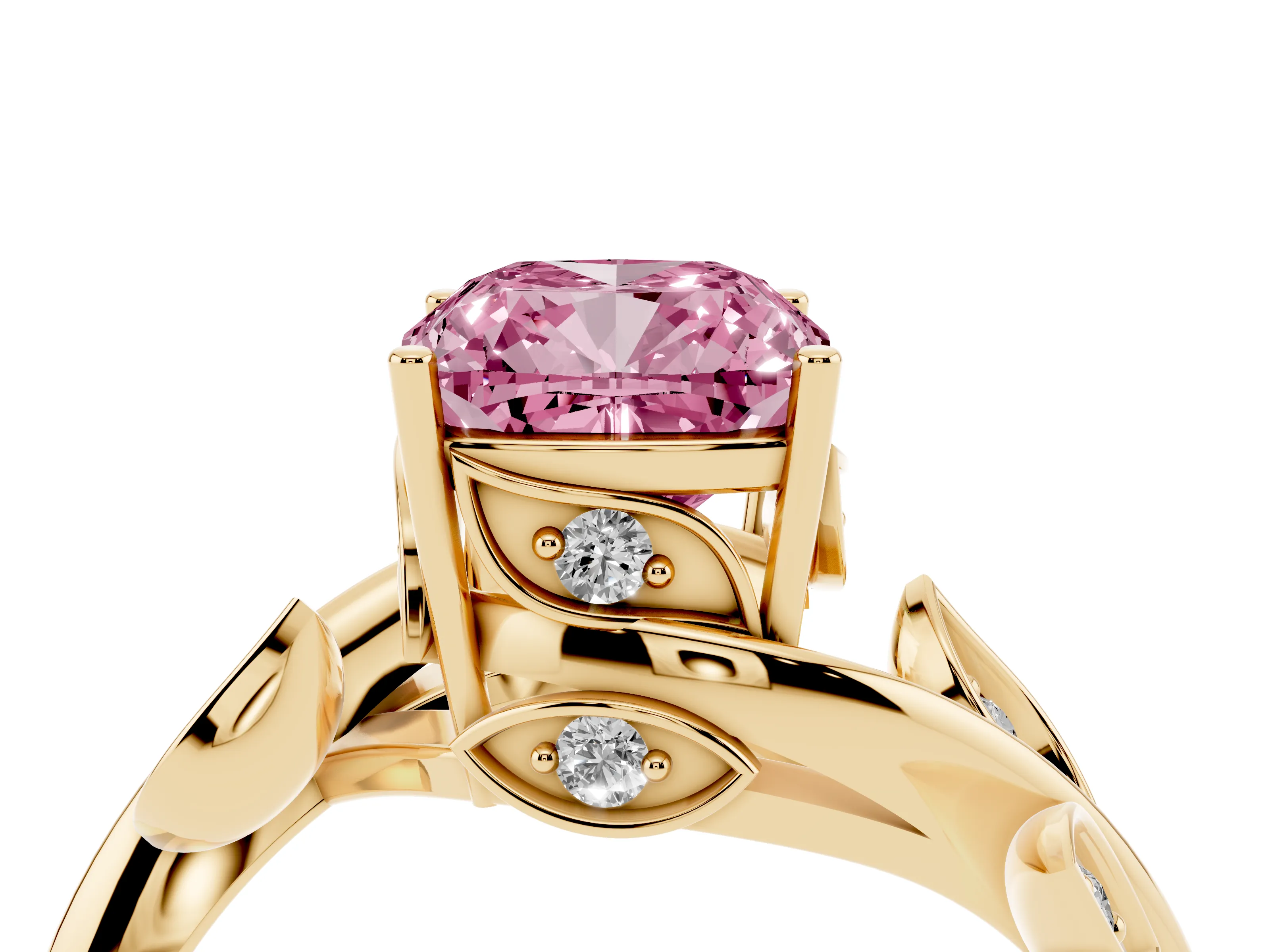 Fancy Pink Cushion Cut Diamond Solitaire Twist Engagement Ring Set in Yellow gold with Pavé Leaf Accents