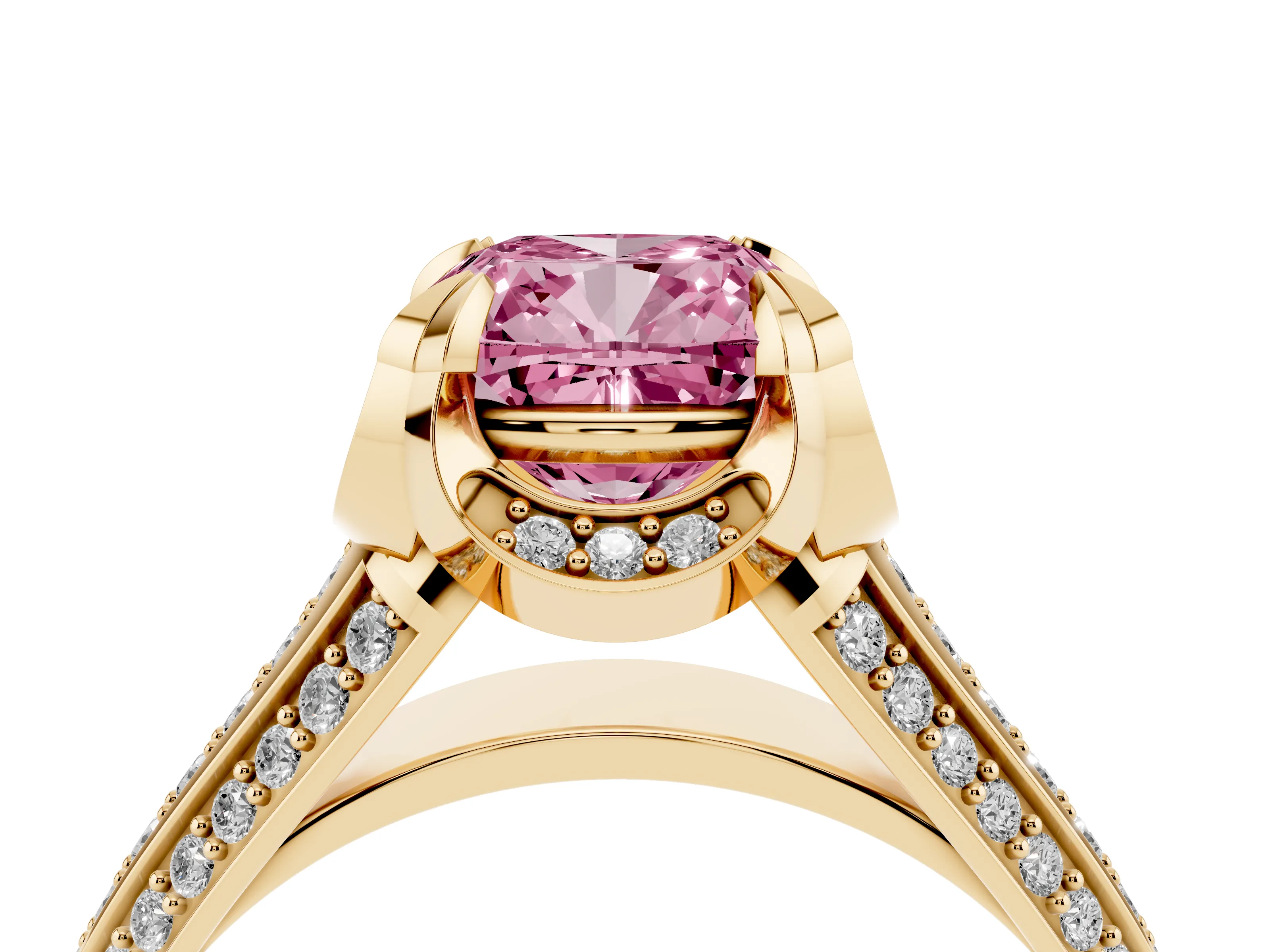 Fancy Pink Cushion Cut Diamond Pavé Split Shank Solitaire Ring Set in Yellow gold with Prong Setting