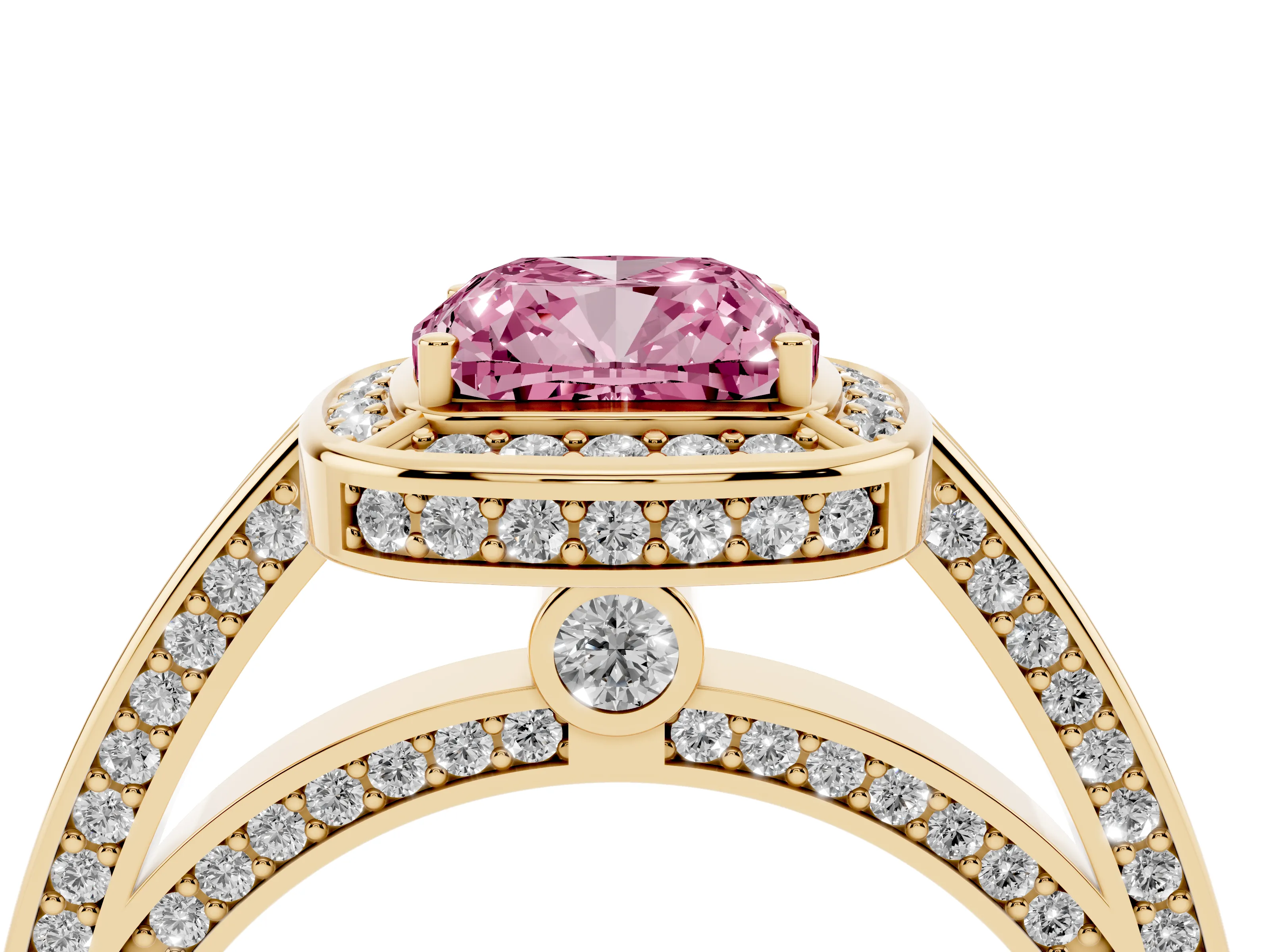 Fancy Pink Cushion Cut Diamond Halo Pavé Split Shank Ring Set in Yellow gold with Prong Setting