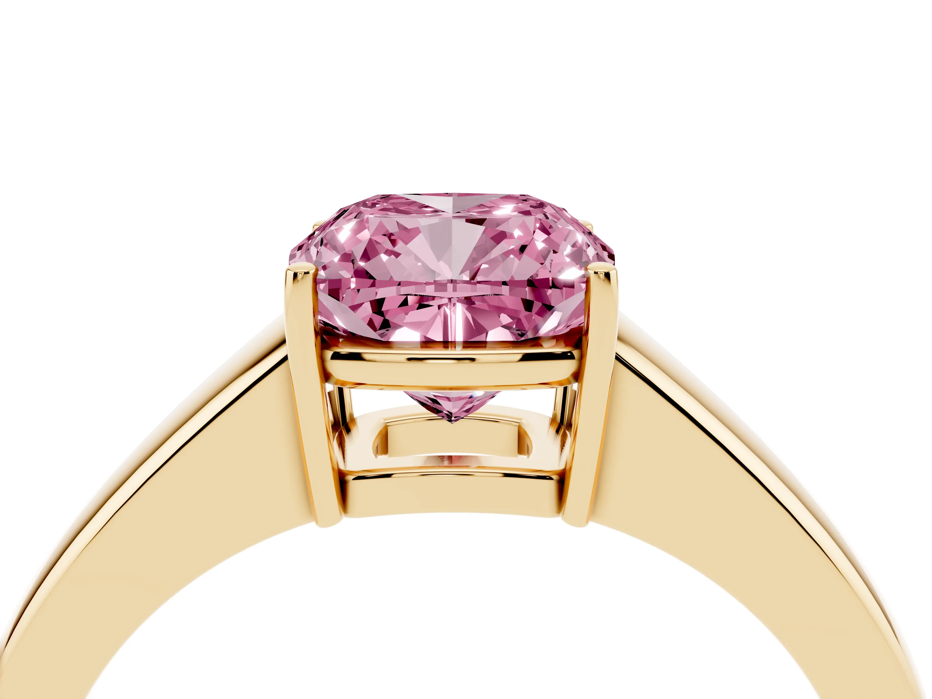 Fancy Pink Cushion Cut Diamond Solitaire Ring Set in Yellow gold with Tapered Band and Prong Setting