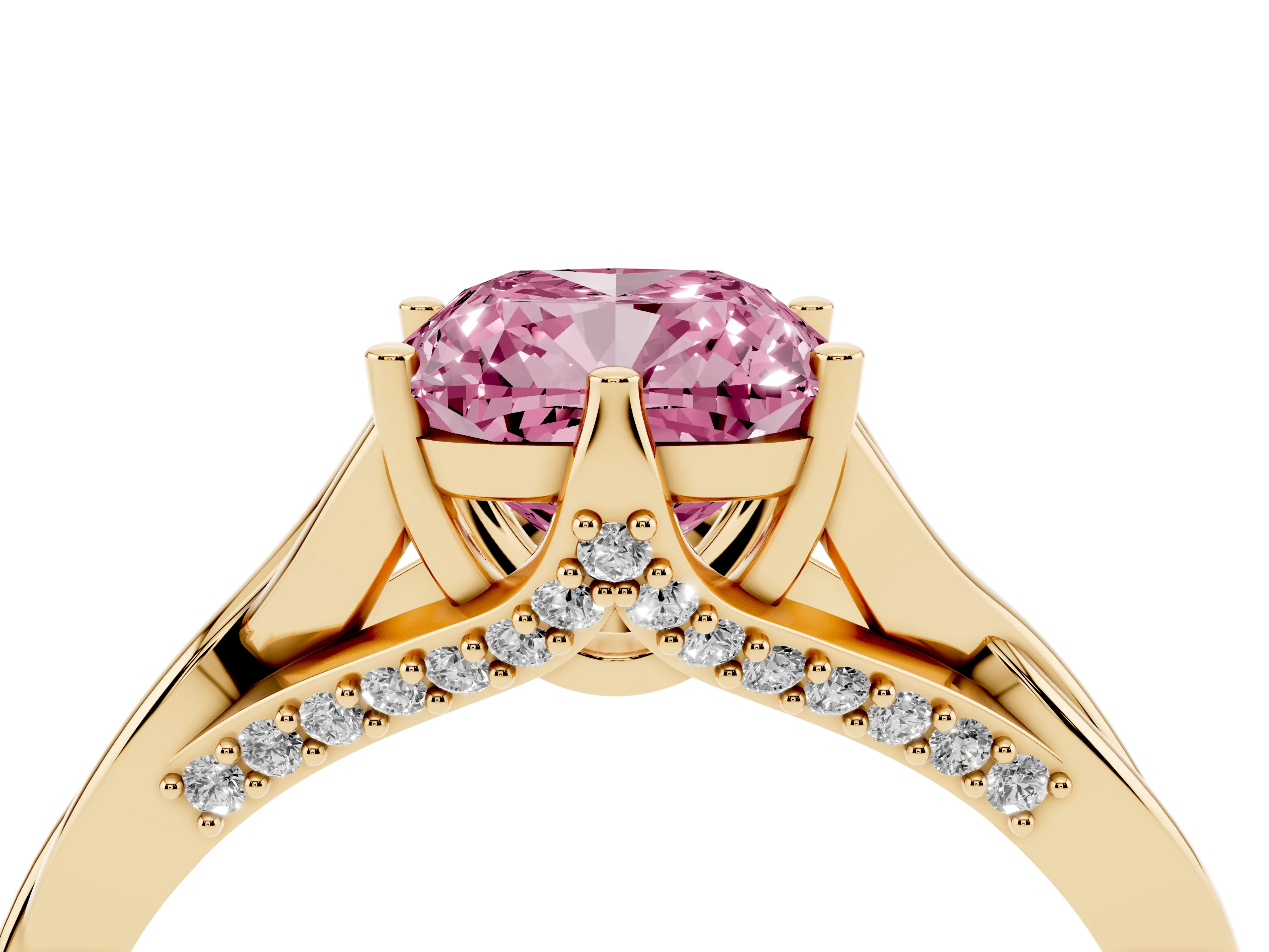 Fancy Pink Cushion Cut Diamond Intertwined Twist Band Solitaire Ring Set in Yellow gold with Prong Setting