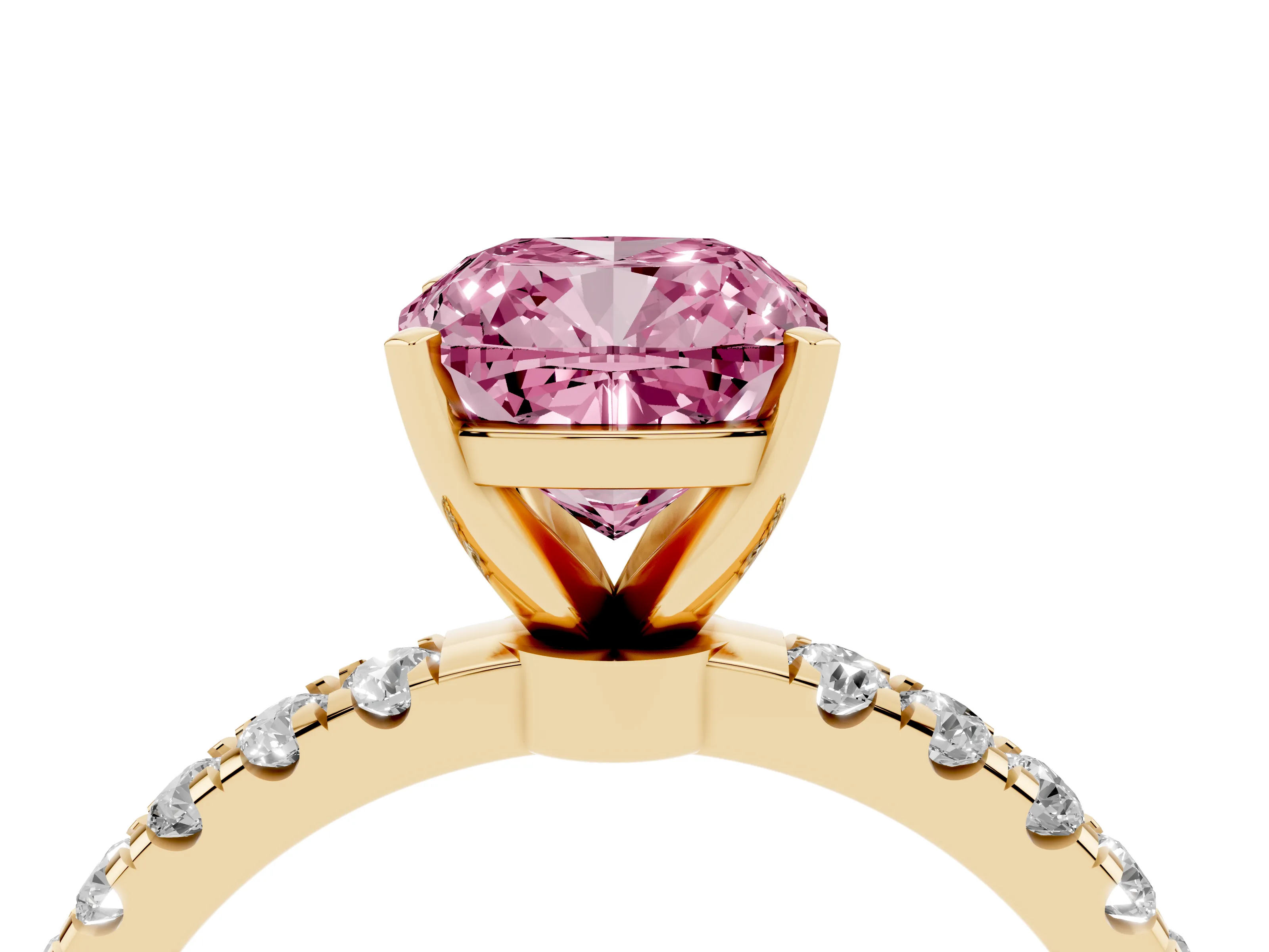 Fancy Pink Cushion Cut Diamond Solitaire Ring Set in Yellow gold with Pavé Accents and Prong Setting