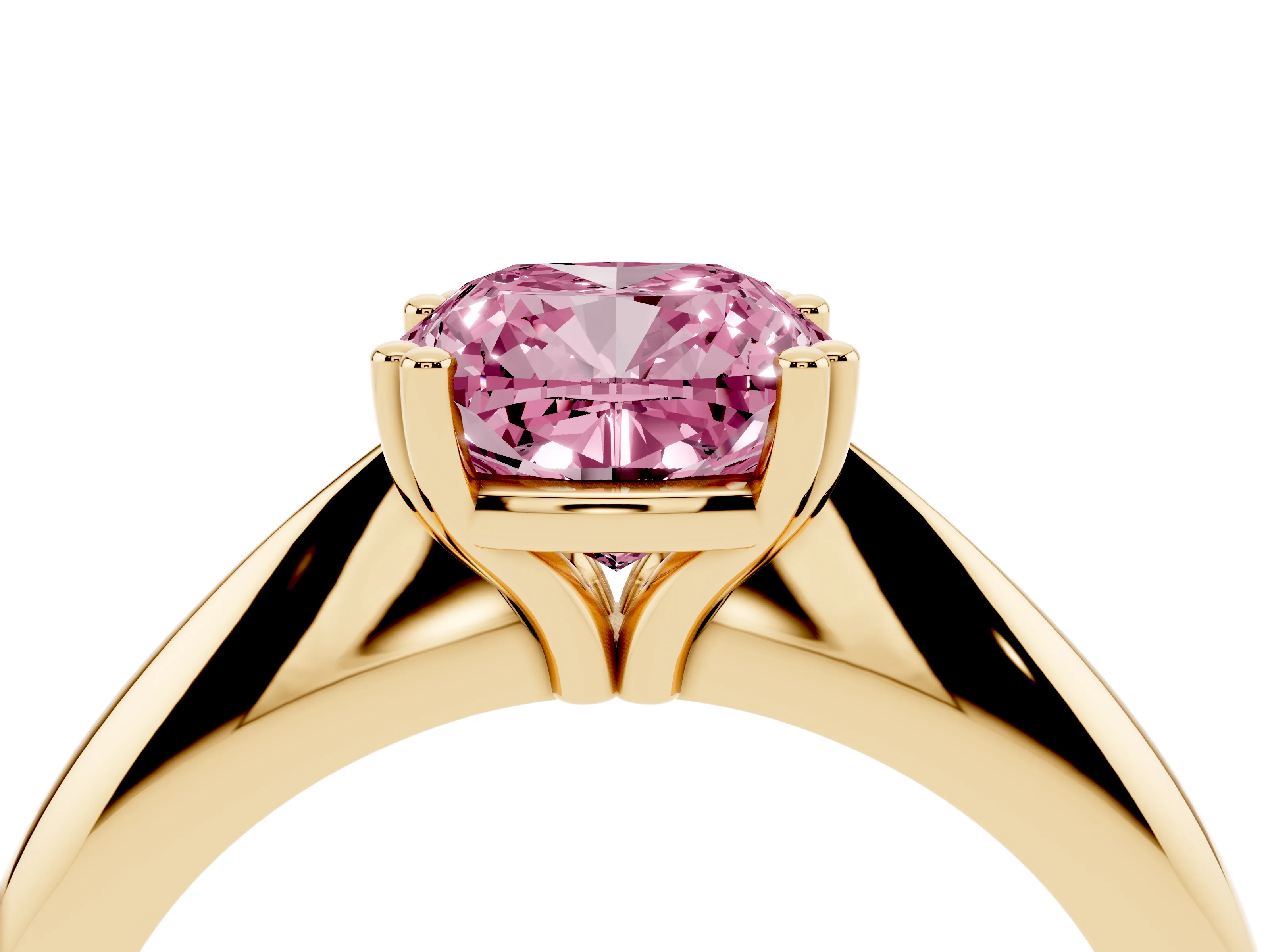 Fancy Pink Cushion Cut Diamond Solitaire Engagement Ring Set in Yellow gold with Tapered Band and Prong Setting