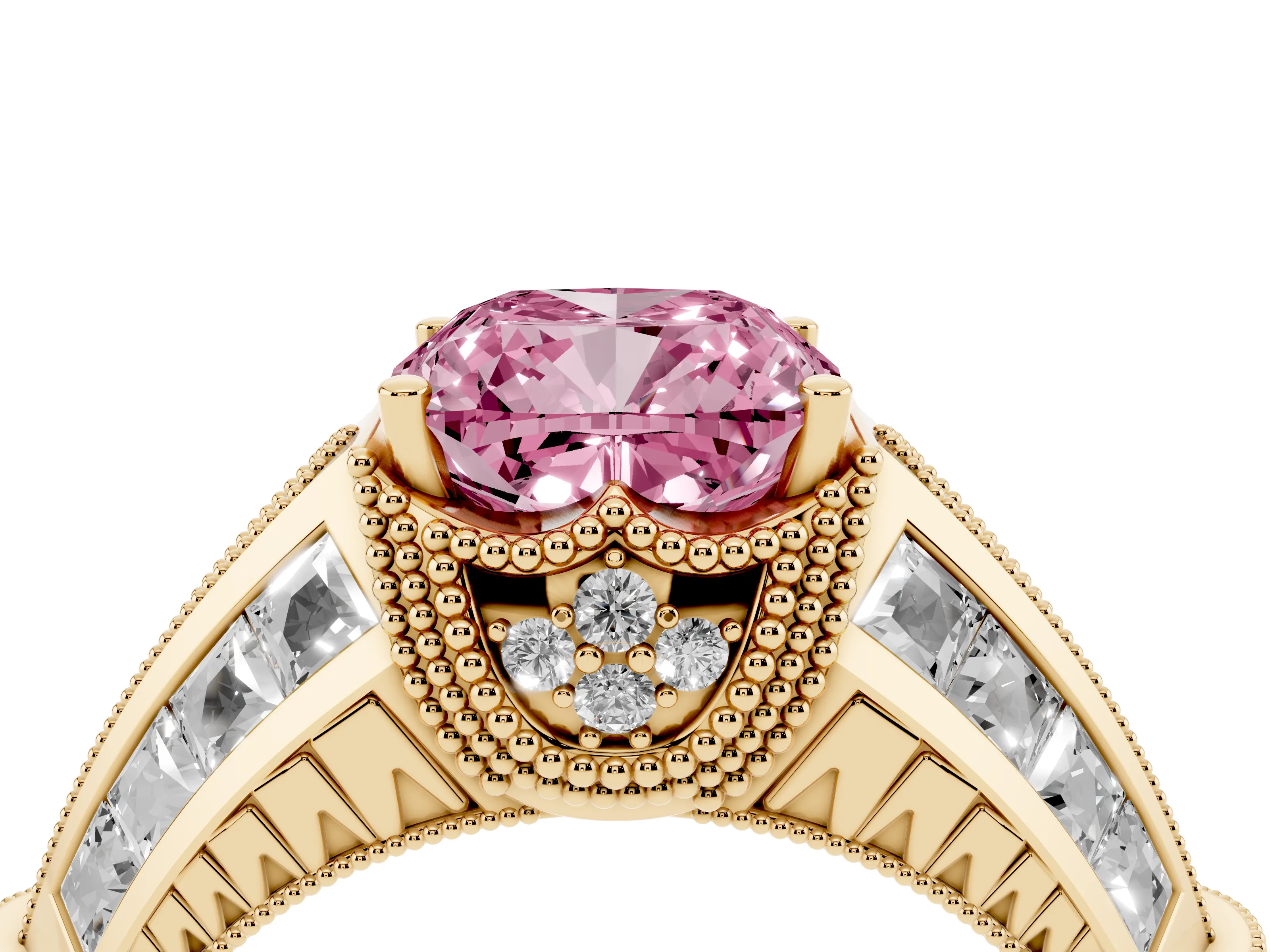 Fancy Pink Cushion Cut Diamond Vintage-Inspired Milgrain Ring Set in Yellow gold with Accent Split Shank
