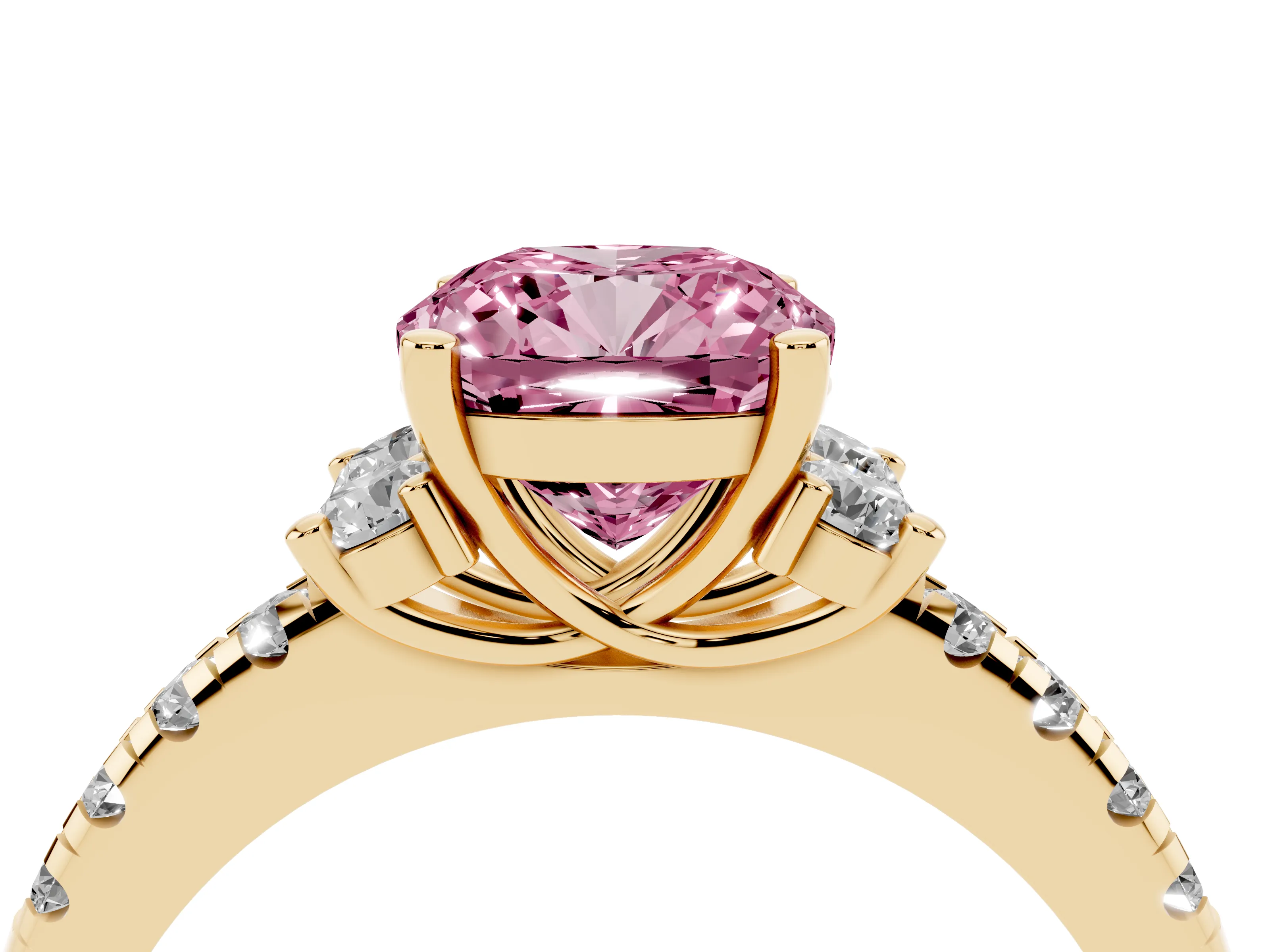Fancy Pink Cushion Cut Diamond Three-Stone Pavé Ring Set in Yellow gold with Prong Setting