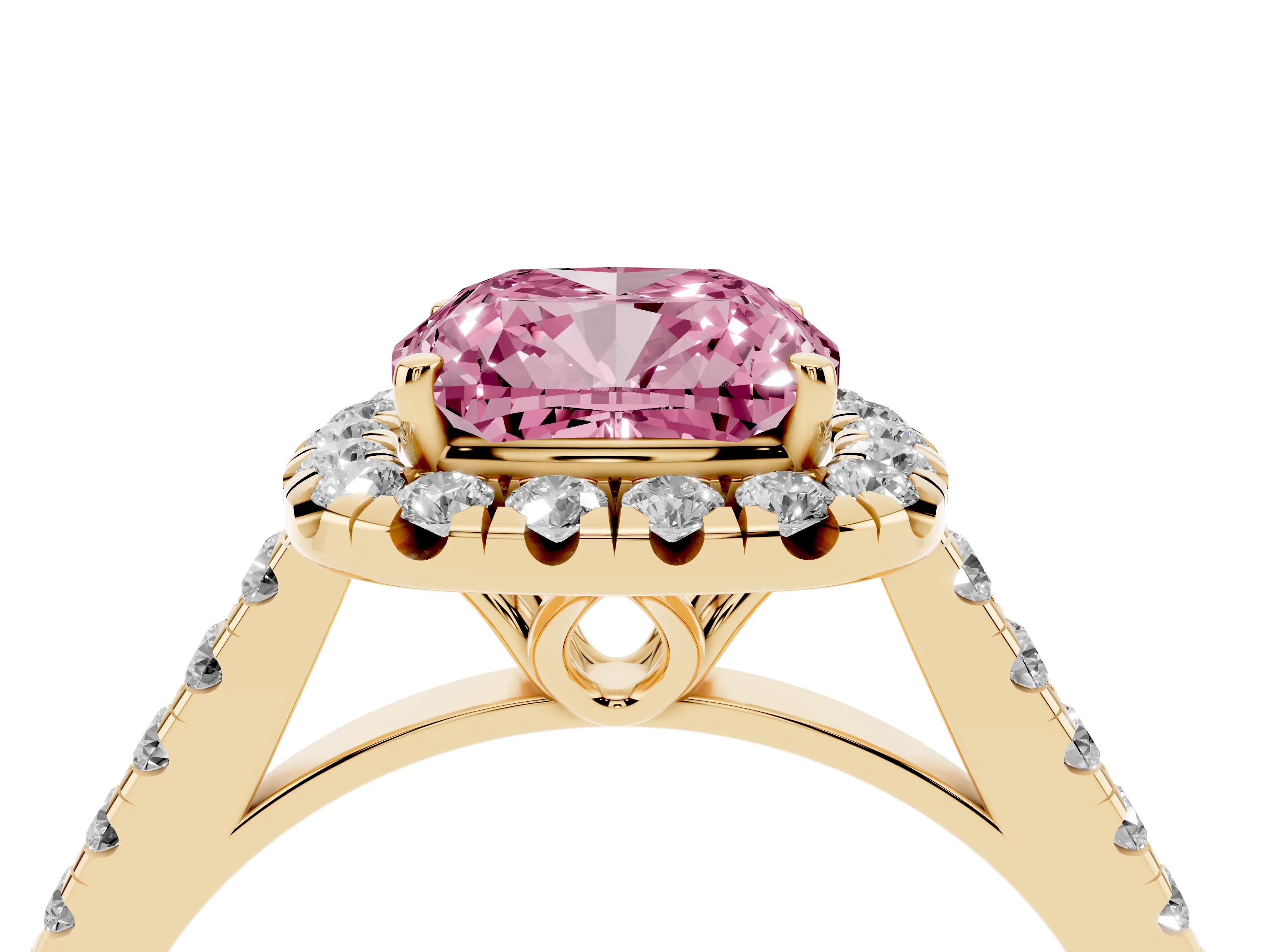 Fancy Pink Cushion Cut Diamond Pavé Halo Engagement Ring Set in Yellow gold with Pavé Band and Prong Setting