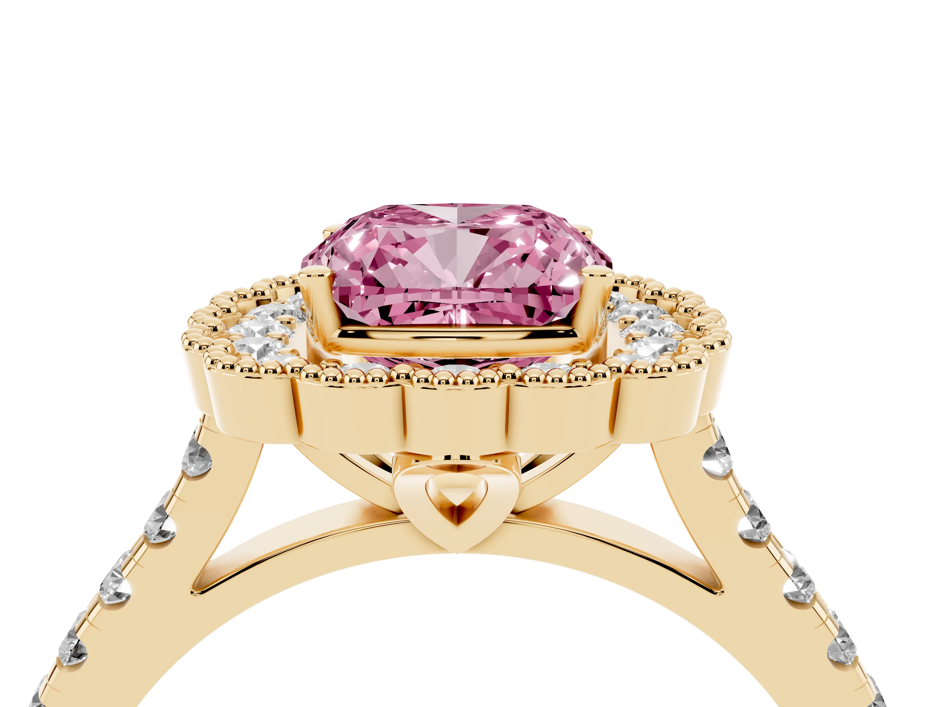Fancy Pink Cushion Cut Diamond Milgrain Floral Halo Engagement Ring Set in Yellow gold with Pavé Band