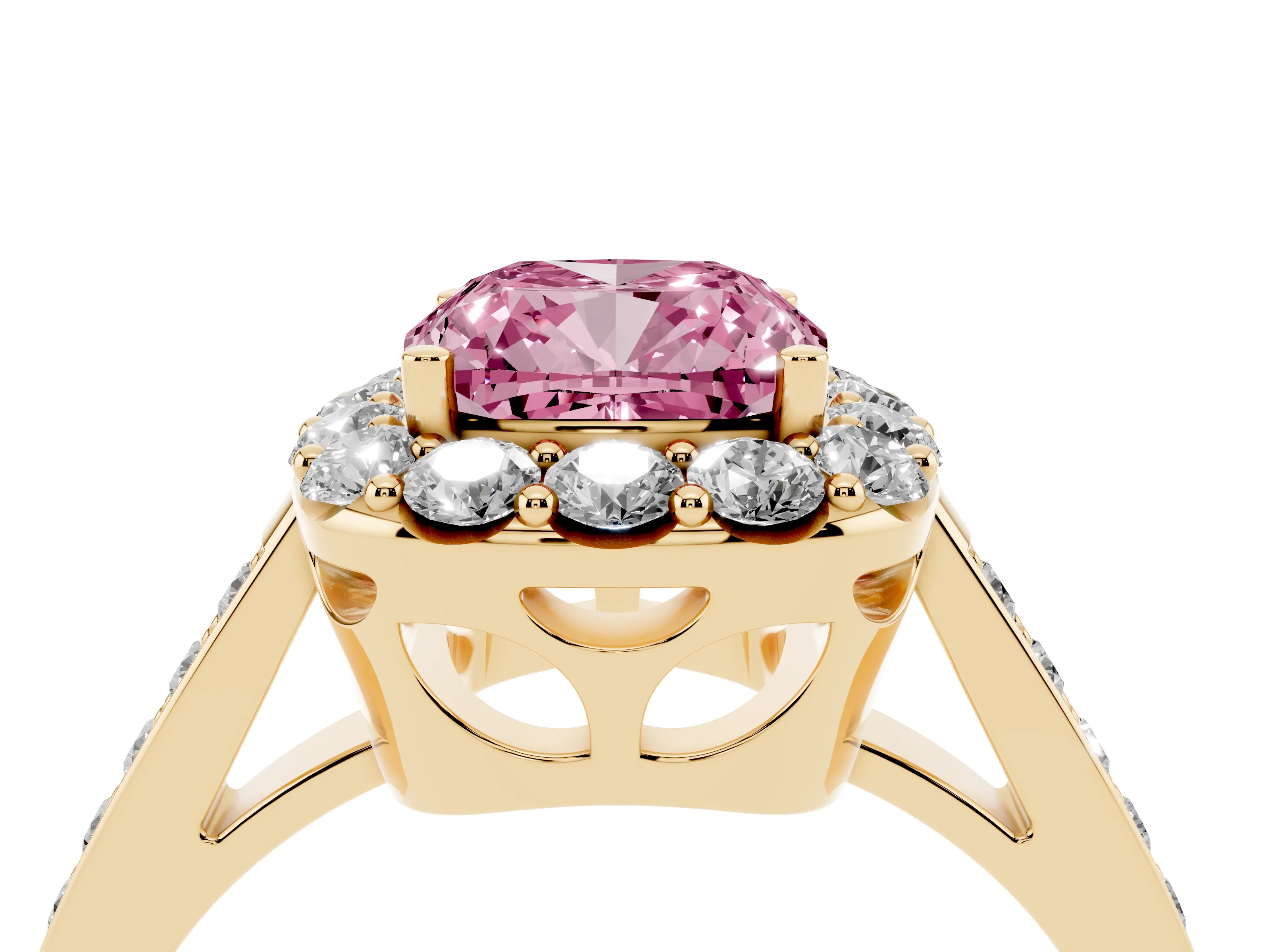 Fancy Pink Cushion Cut Diamond Floral Halo Ring Set in Yellow gold with Pavé Band and Prong Setting