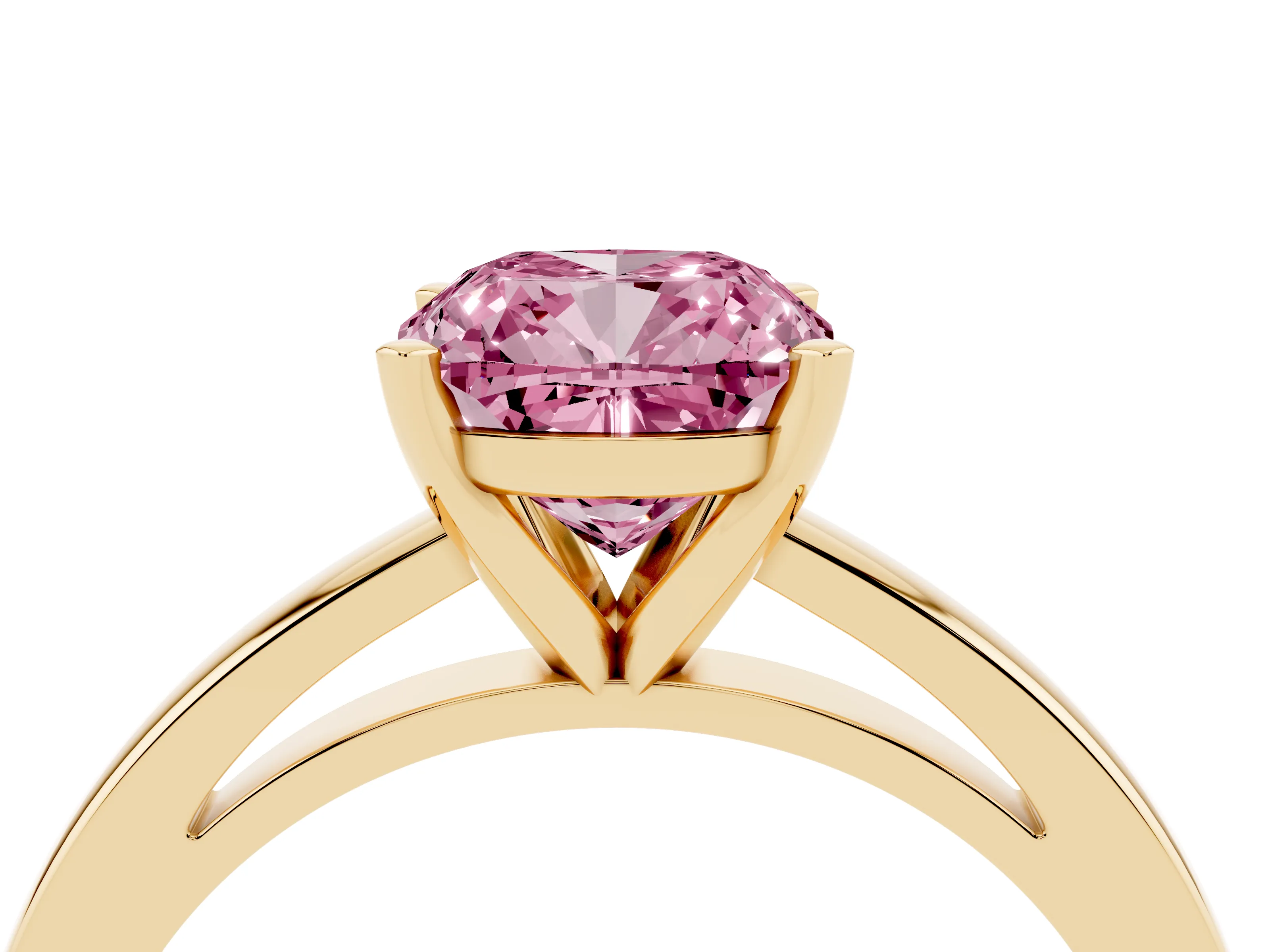 Fancy Pink Cushion Cut Diamond Solitaire Engagement Ring Set in Yellow gold with Prong Setting on a Classic Band
