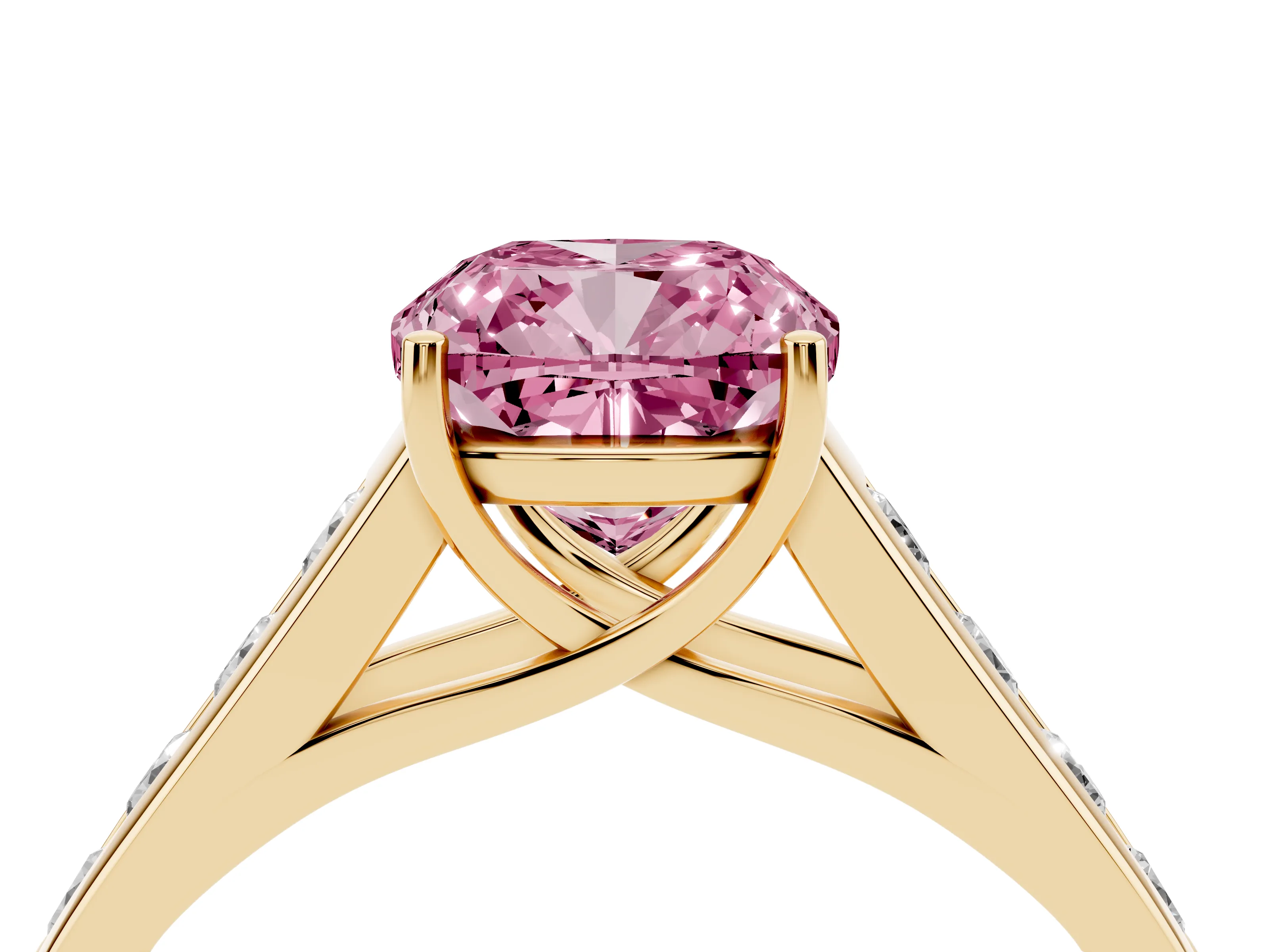 Fancy Pink Cushion Cut Diamond Brilliant Channel-Set Solitaire Ring Set in Yellow gold with Prong Setting