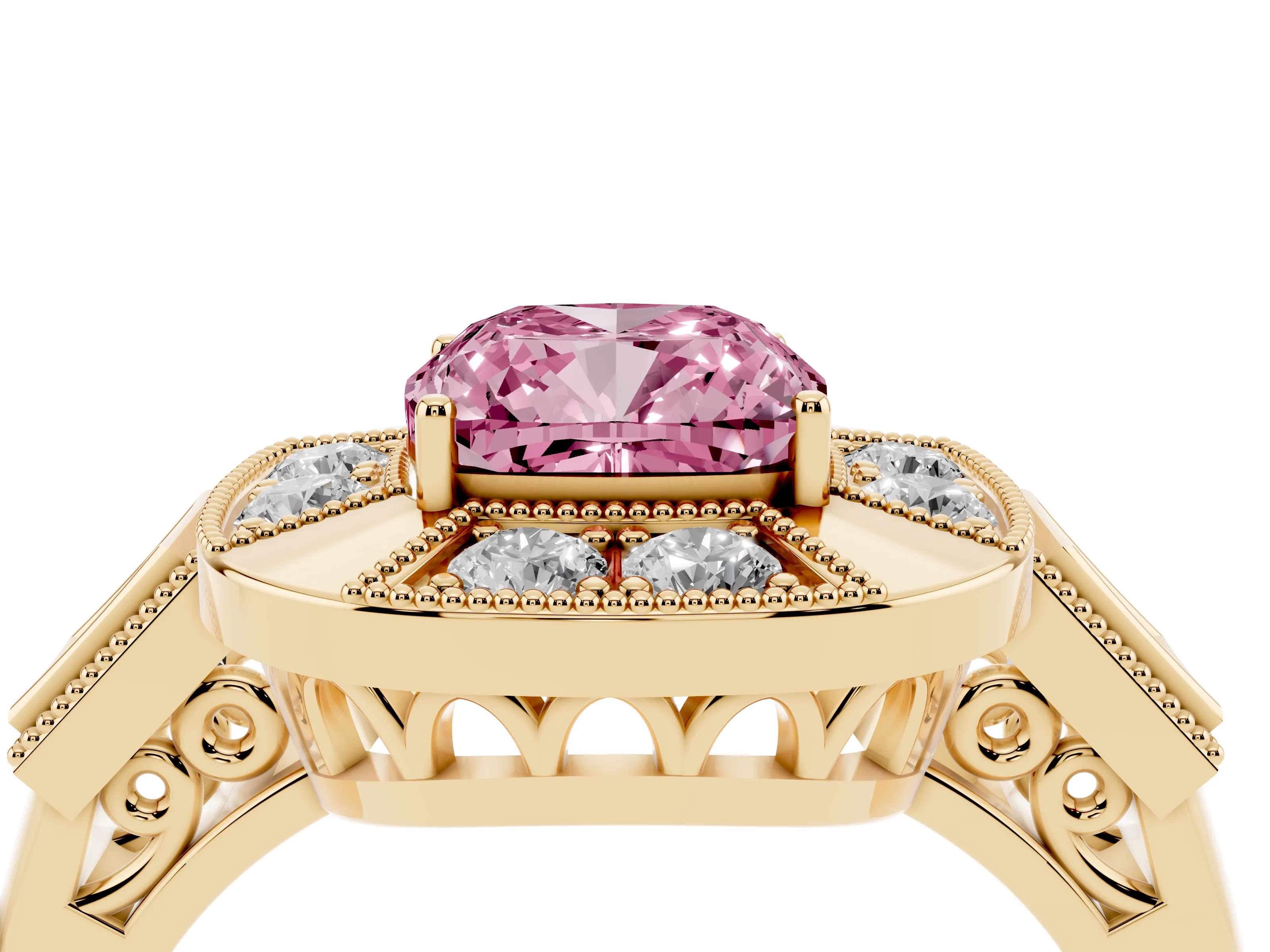 Fancy Pink Cushion Cut Diamond Milgrain Halo Ring Set in Yellow gold with Split Shank