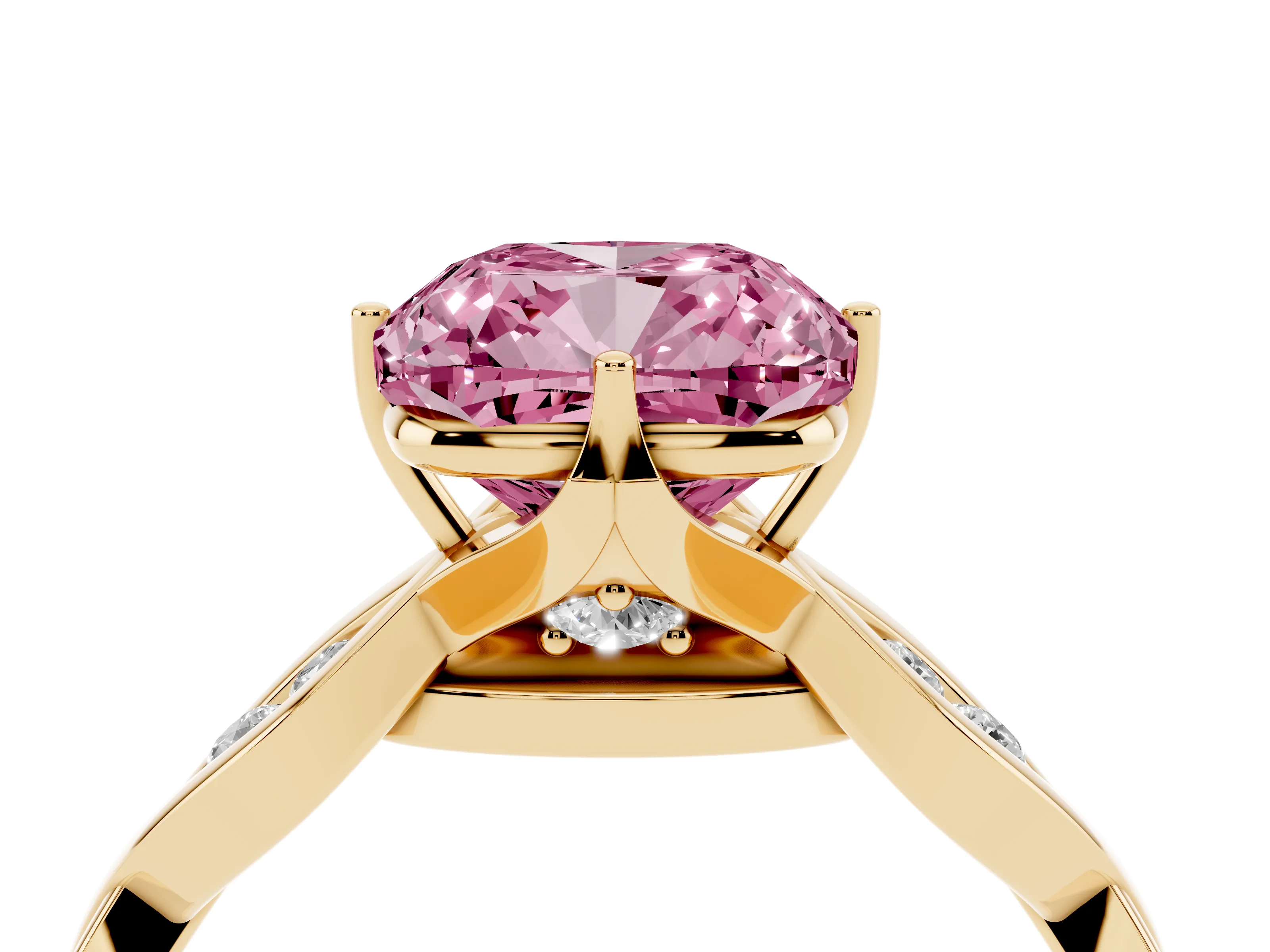 Fancy Pink Cushion Cut Diamond Twist Band Solitaire Ring Set in Yellow gold with Leaf Prong Setting and Accent Stones