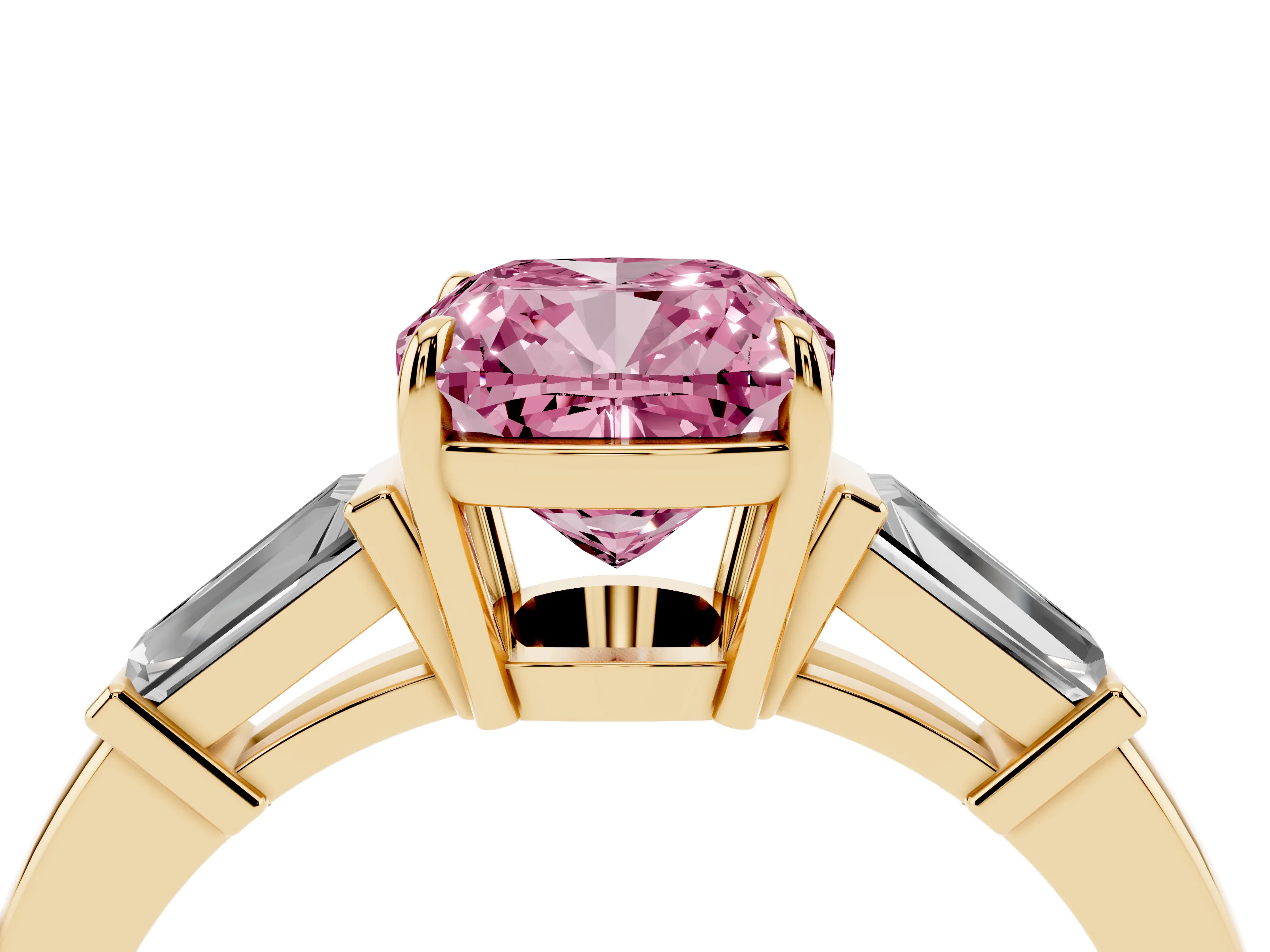 Fancy Pink Cushion Cut Diamond Three-Stone Ring Set in Yellow gold with Tapered Baguette Side Stones and Prong Setting
