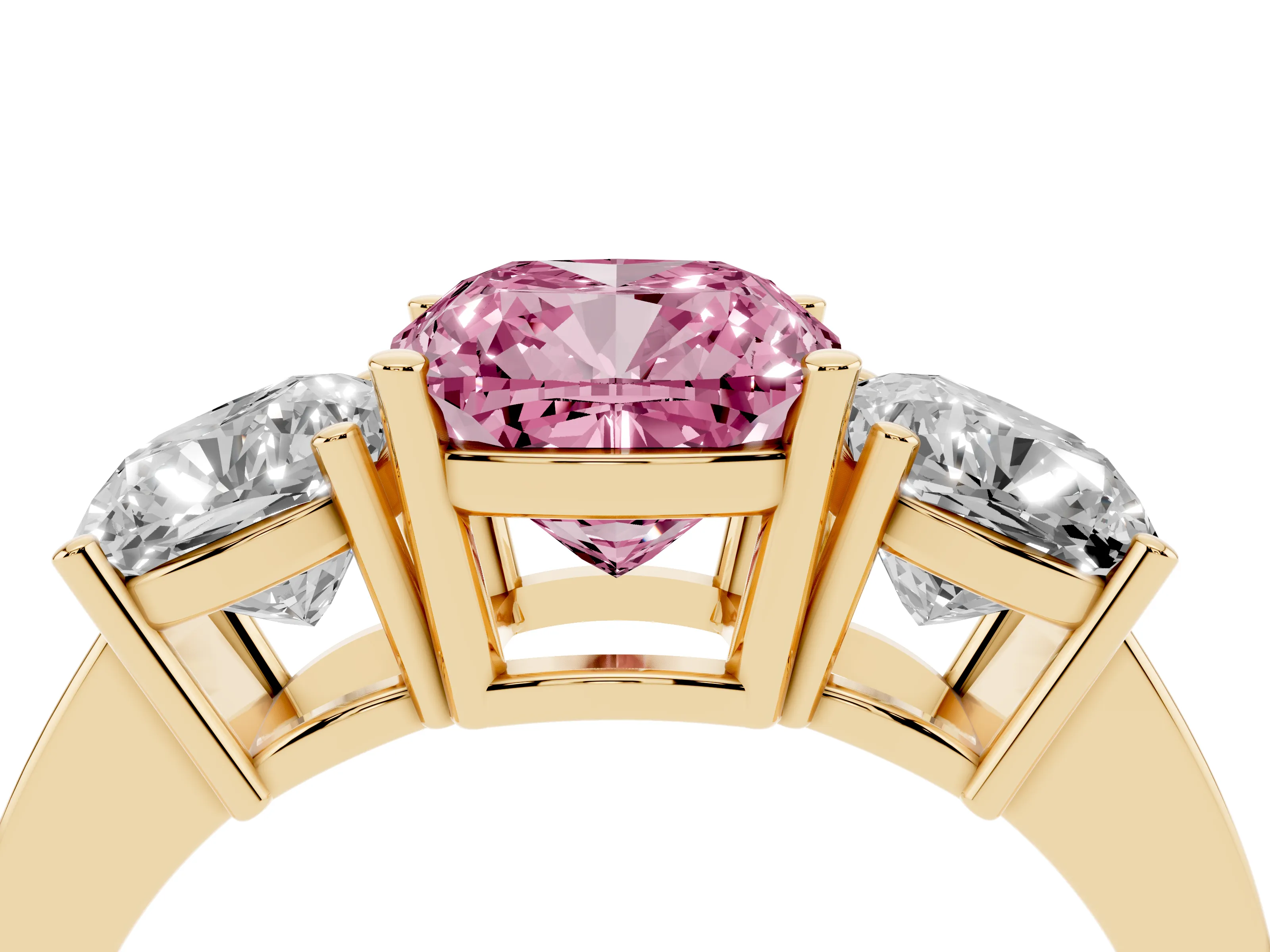 Fancy Pink Cushion Cut Diamond Three-Stone Engagement Ring Set in Yellow gold with Flat Band