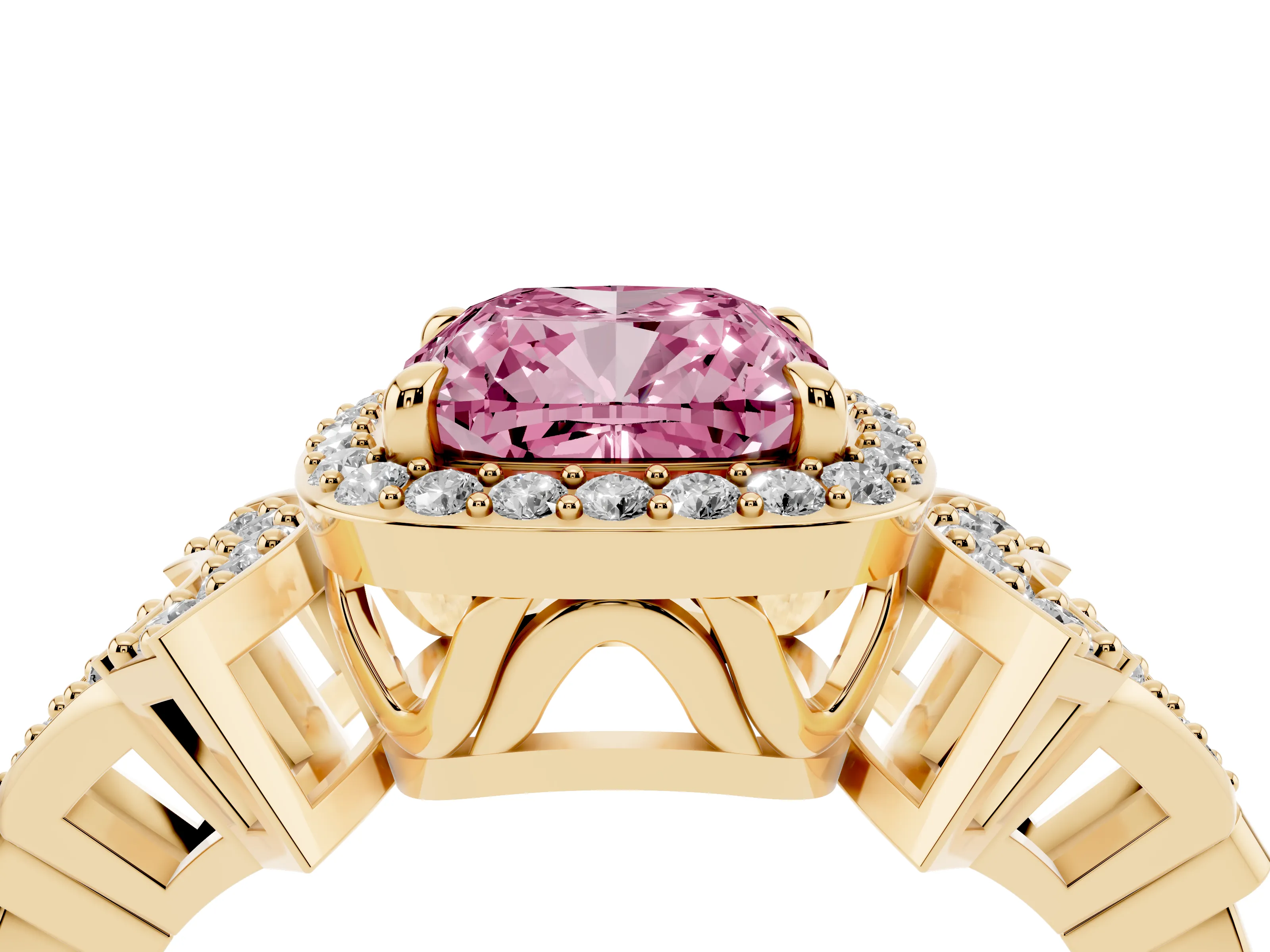 Fancy Pink Cushion Cut Diamond Halo Engagement Ring Set in Yellow gold with Accent Stone Split Shank