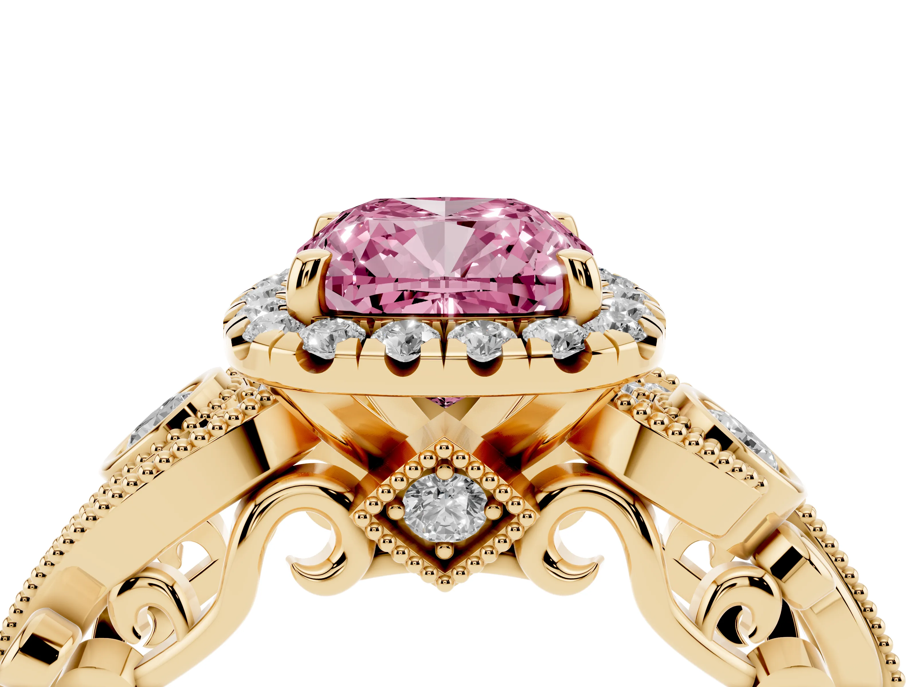 Fancy Pink Cushion Cut Diamond Halo Ring Set in Yellow gold with Milgrain Pavé Band and Prong Setting