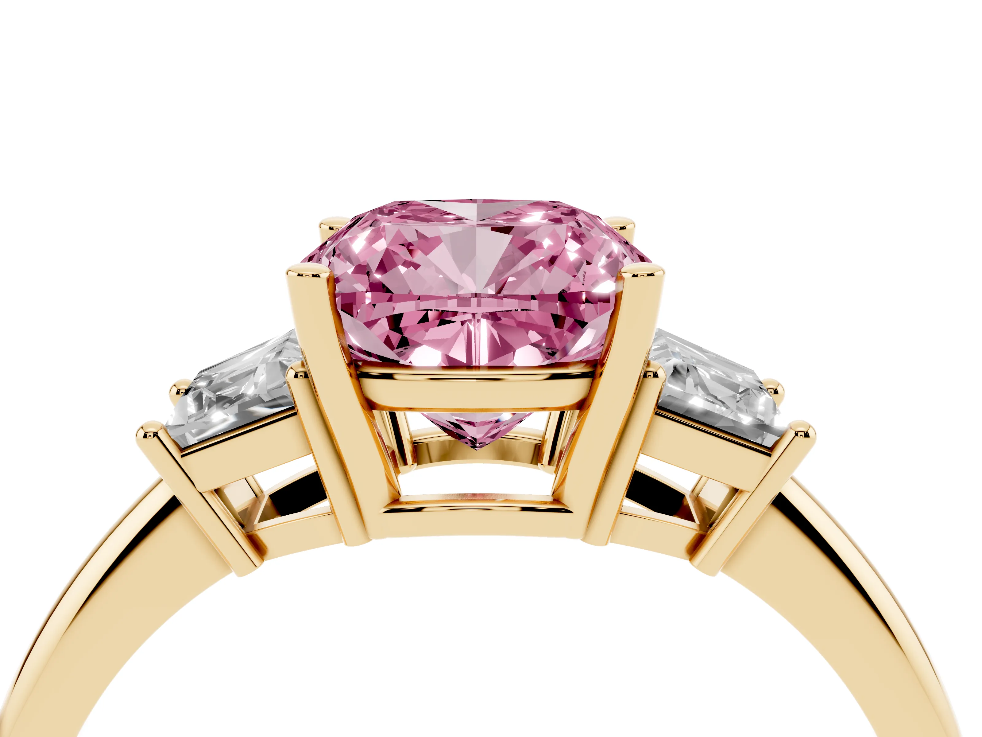 Fancy Pink Cushion Cut Diamond Three-Stone Ring Set in Yellow gold with Trapezoid Side Stones and Prong Setting