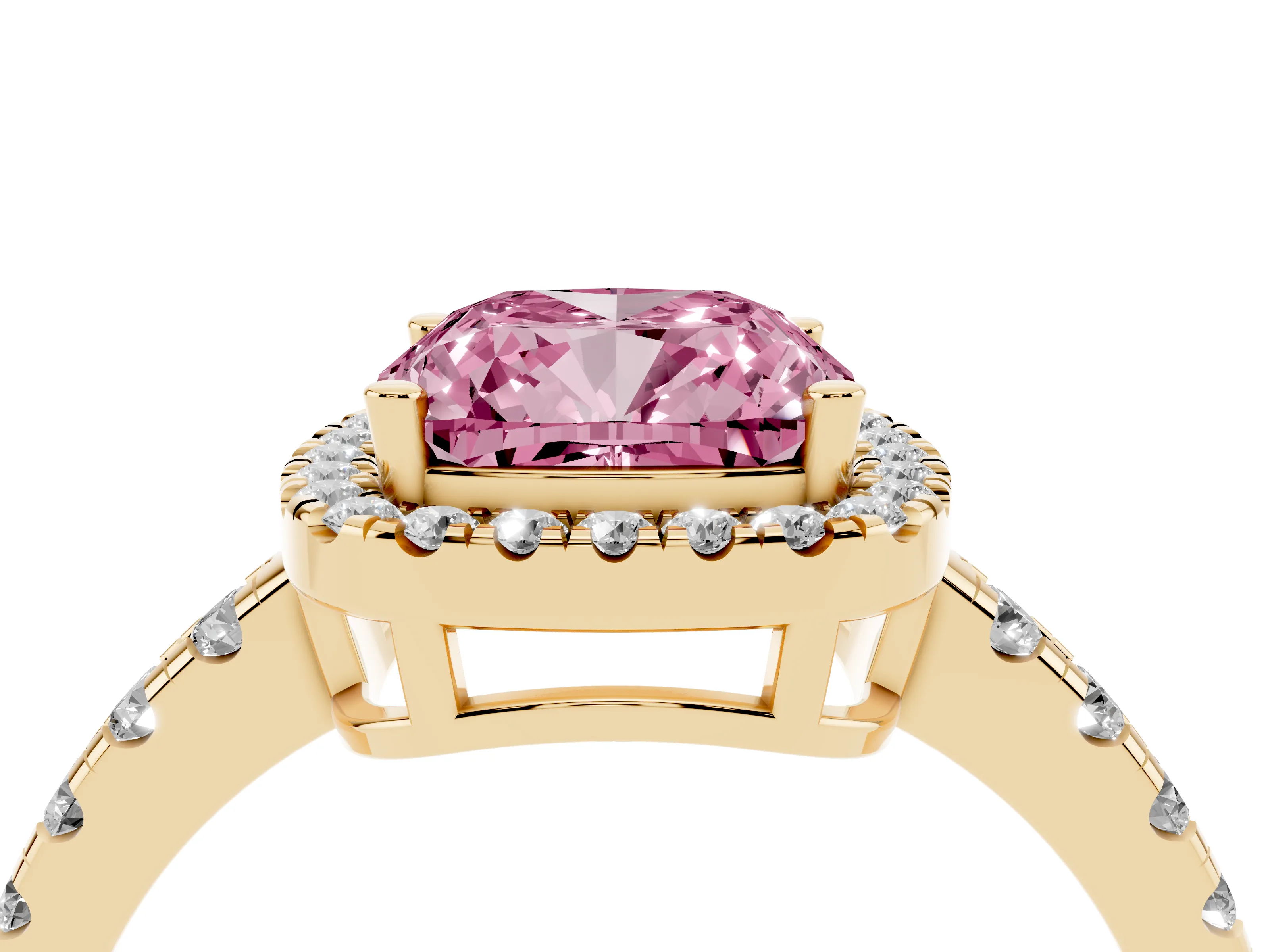 Fancy Pink Cushion Cut Diamond Halo Ring Set in Yellow gold with Delicate Pavé Band and Prong Setting