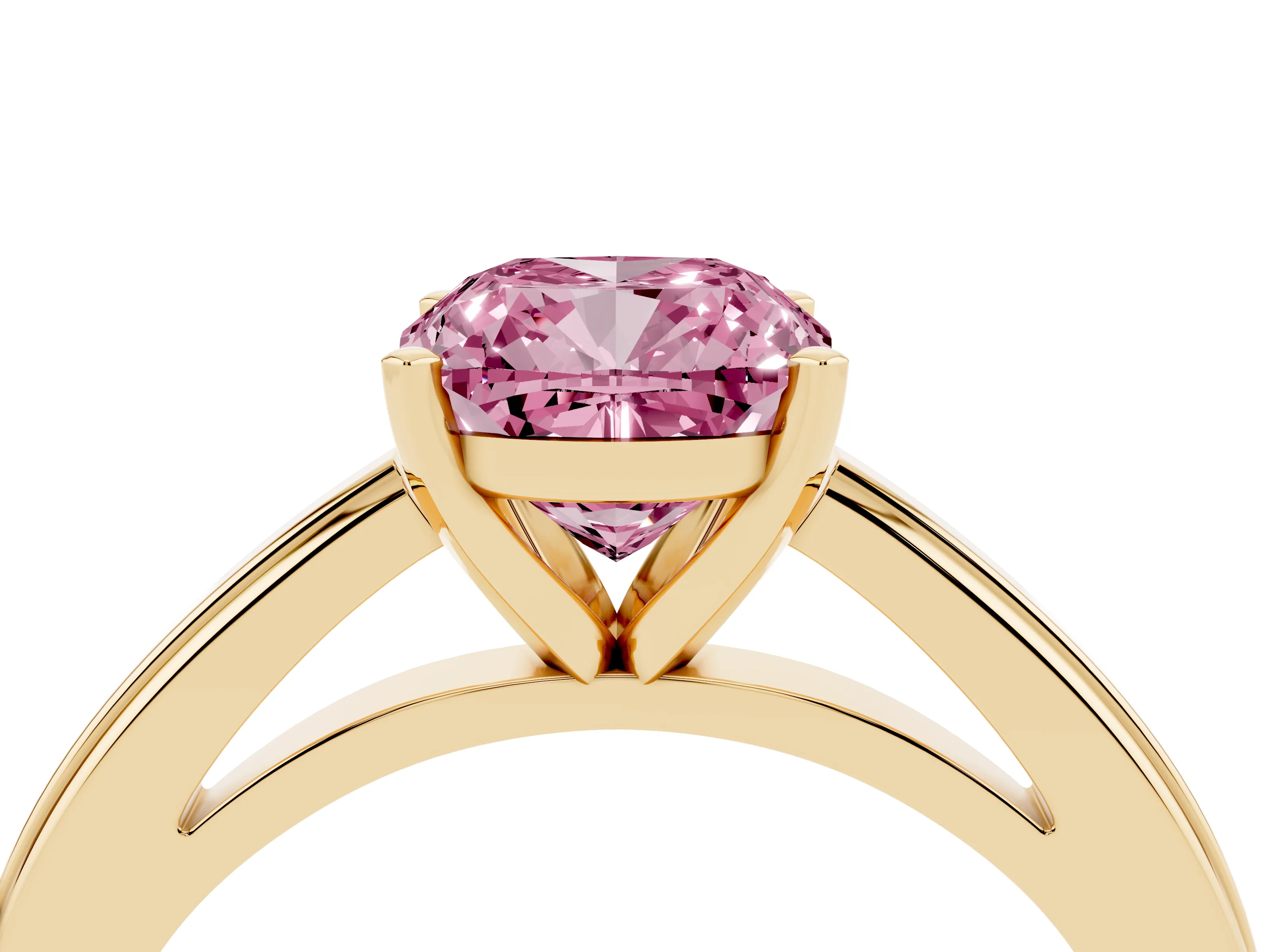 Fancy Pink Cushion Cut Diamond Solitaire Ring Set in Yellow gold with Prong Setting and Classic Band