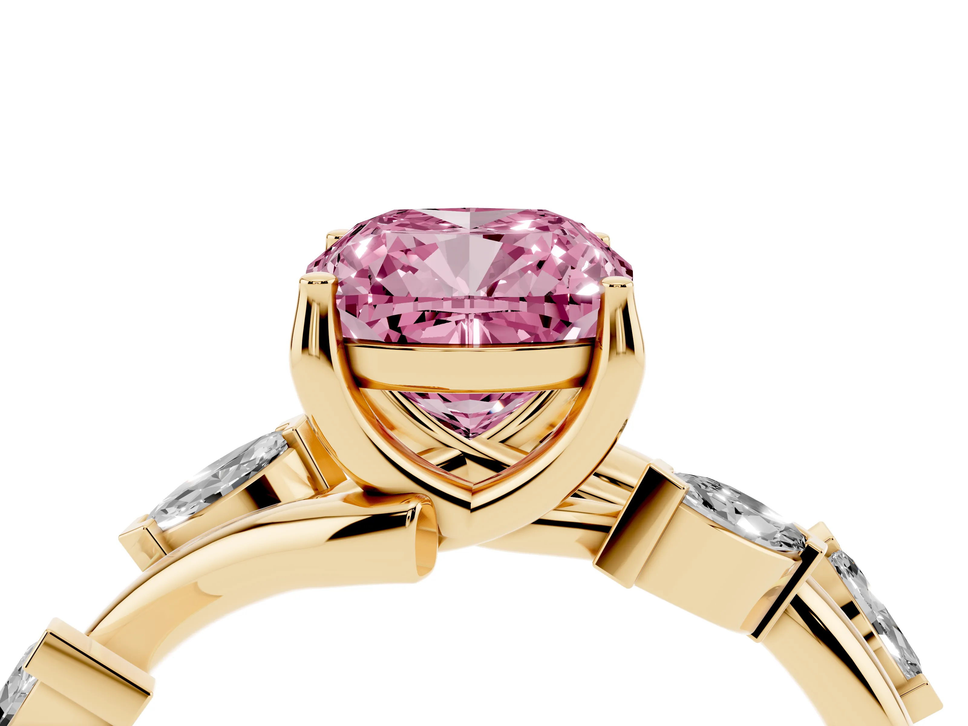 Fancy Pink Cushion Cut Diamond Solitaire Ring Set in Yellow gold with Twisted Marquise Accent Band