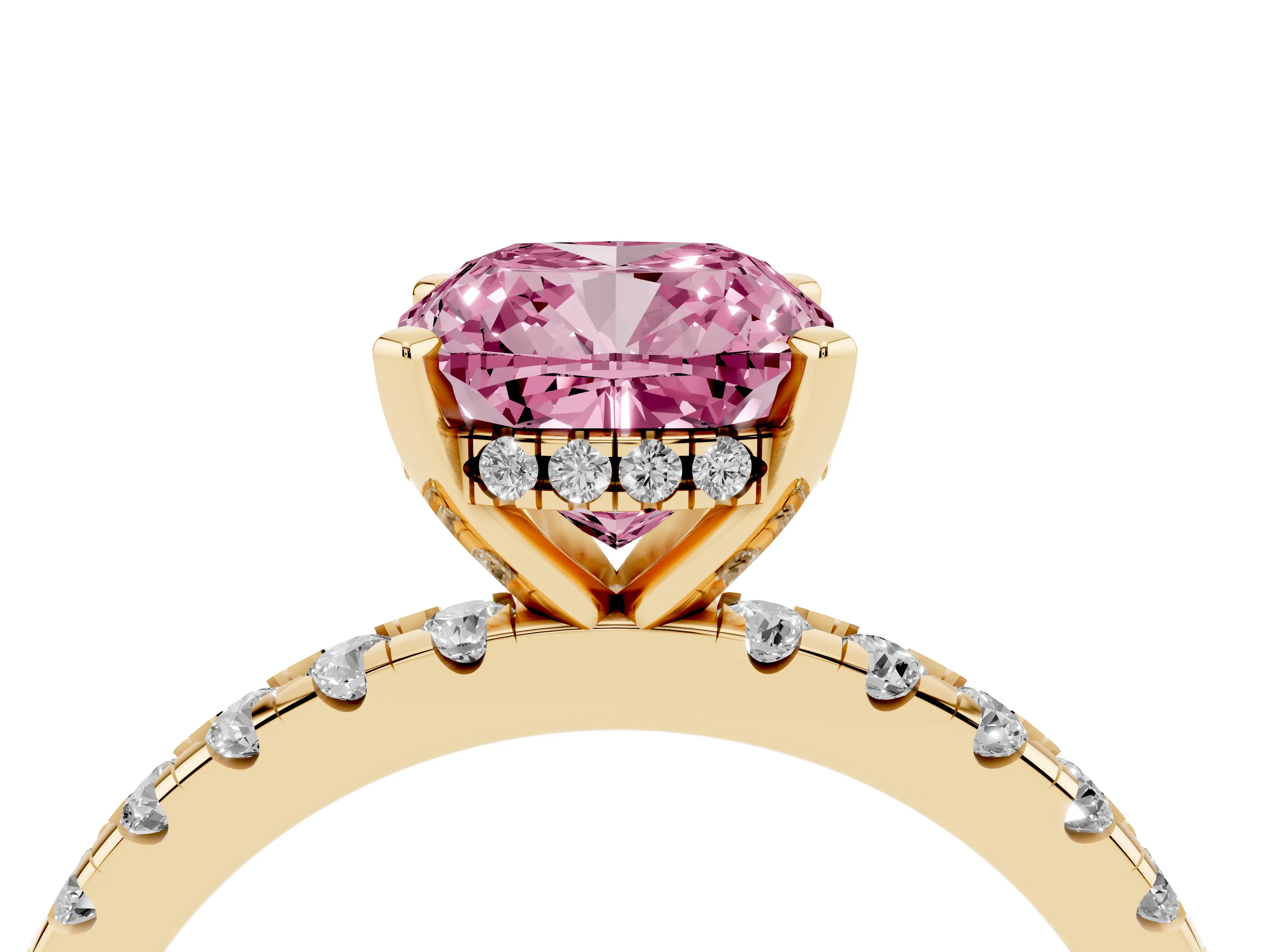Fancy Pink Cushion Cut Diamond Pavé Solitaire Ring Set in Yellow gold with Round Band Accents and Prong Setting