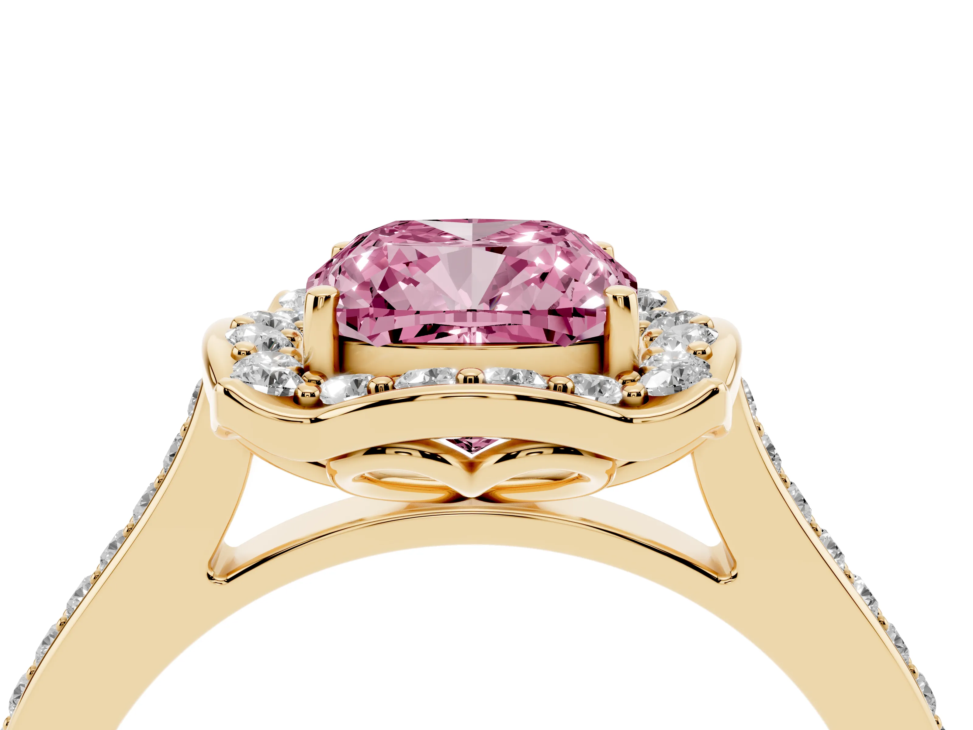 Fancy Pink Cushion Cut Diamond Halo Ring Set in Yellow gold with Pavé-Lined Shoulders and Prong Setting