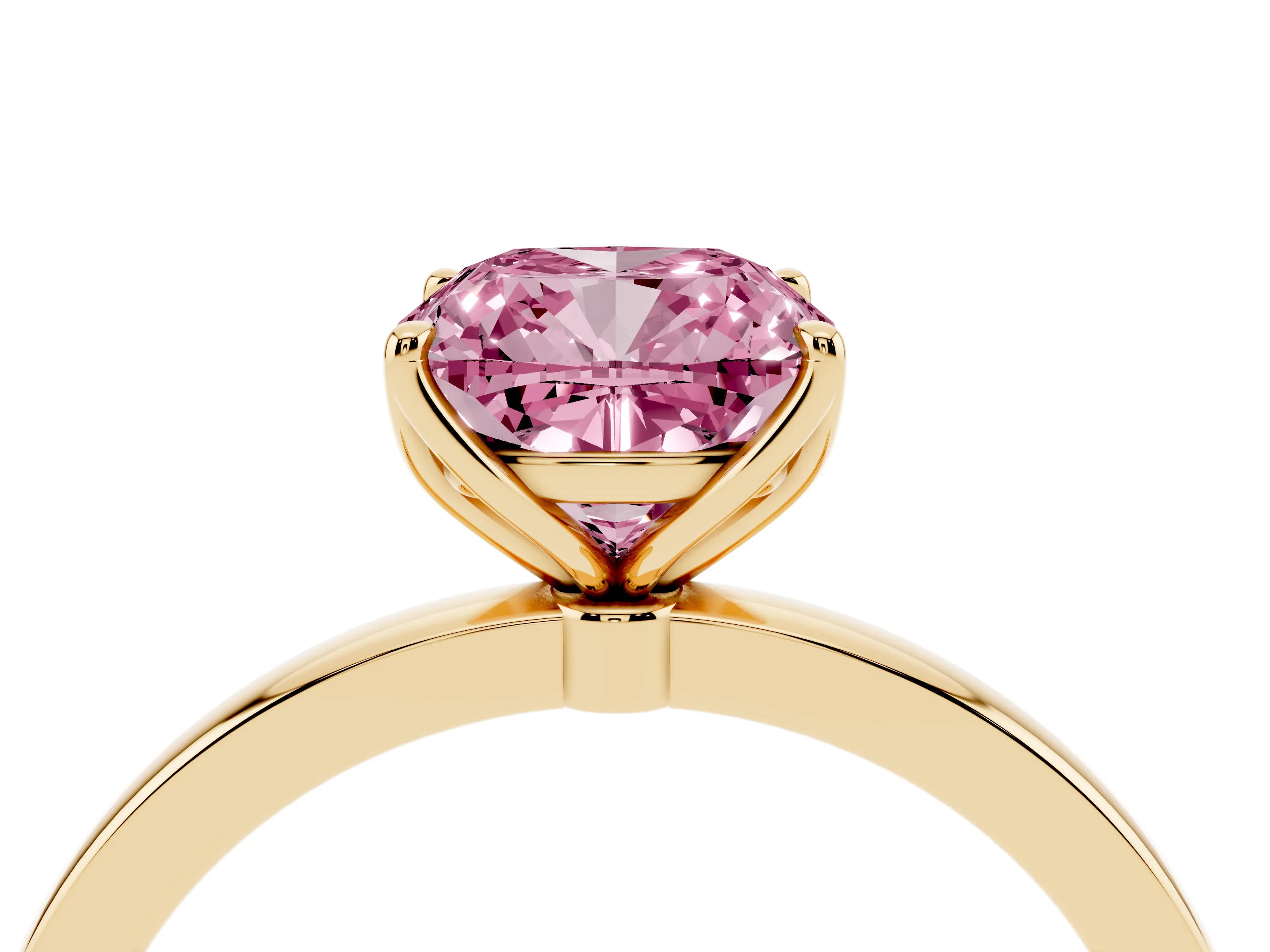 Fancy Pink Cushion Cut Diamond Solitaire Ring Set in Yellow gold with Prong Setting and Thin Polished Band