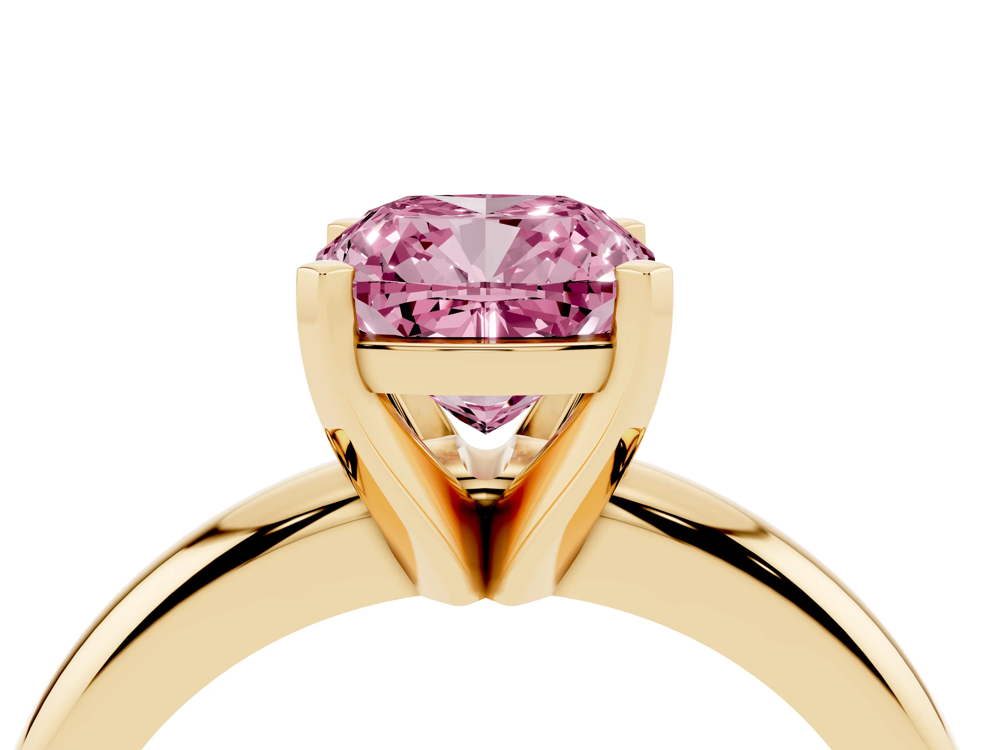 Fancy Pink Cushion Cut Diamond Solitaire Engagement Ring Set in Yellow gold with Round Band and Prong Setting
