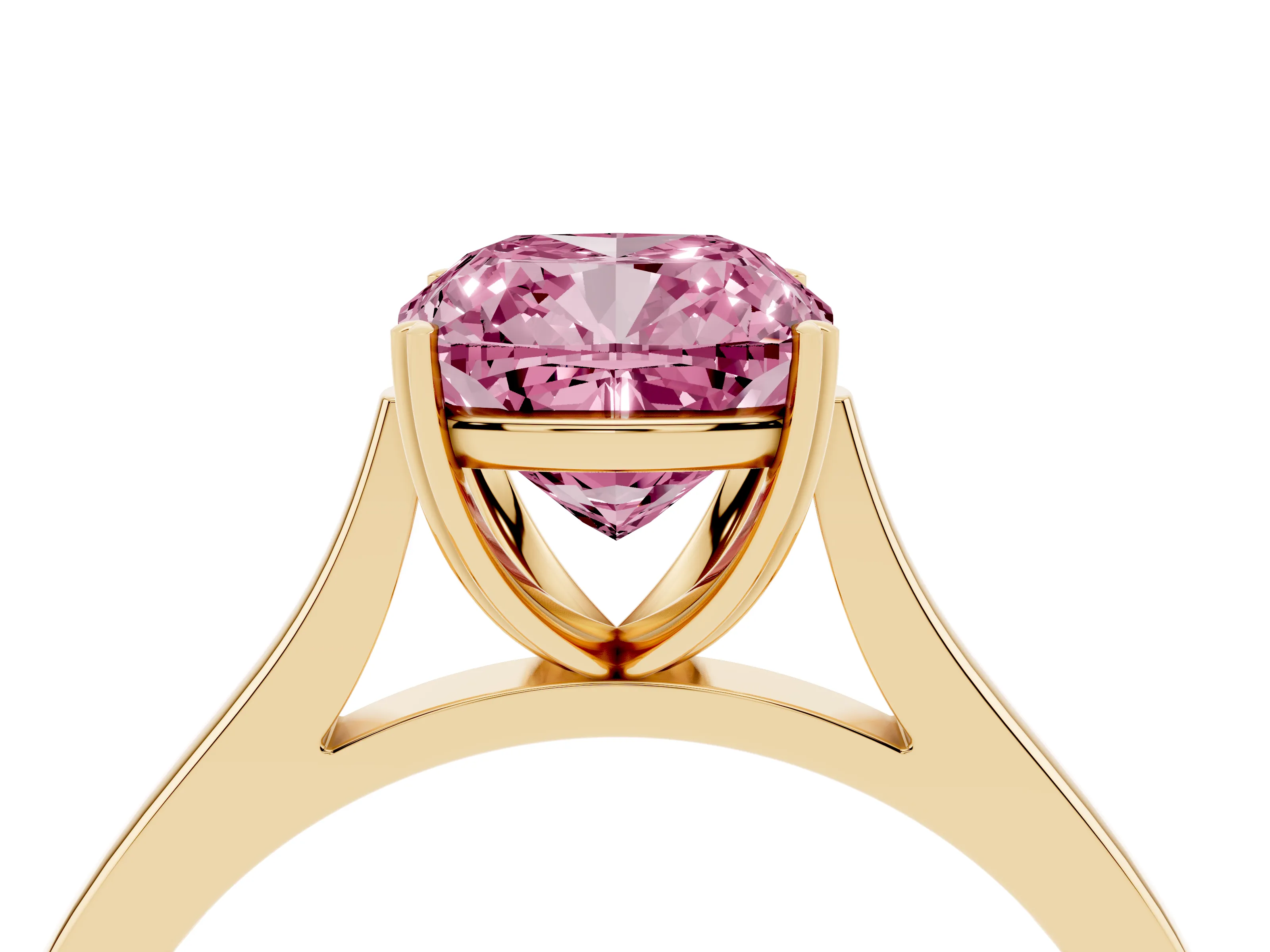 Fancy Pink Cushion Cut Diamond Solitaire Heart Prong Engagement Ring Set in Yellow gold with Tapered Band