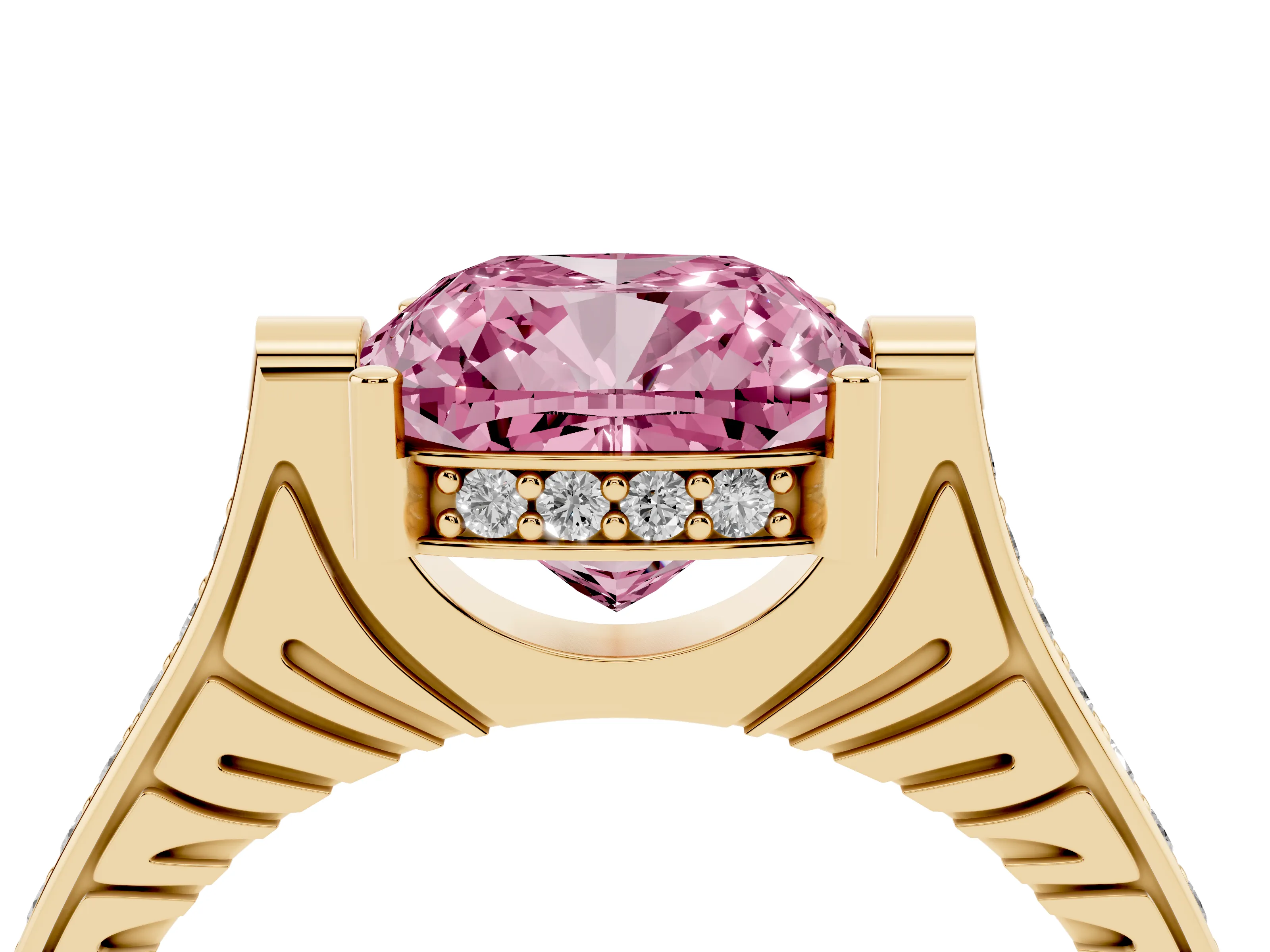 Fancy Pink Cushion Cut Diamond Solitaire Ring Set in Yellow gold with Channel Set Band and Bezel Prong Setting