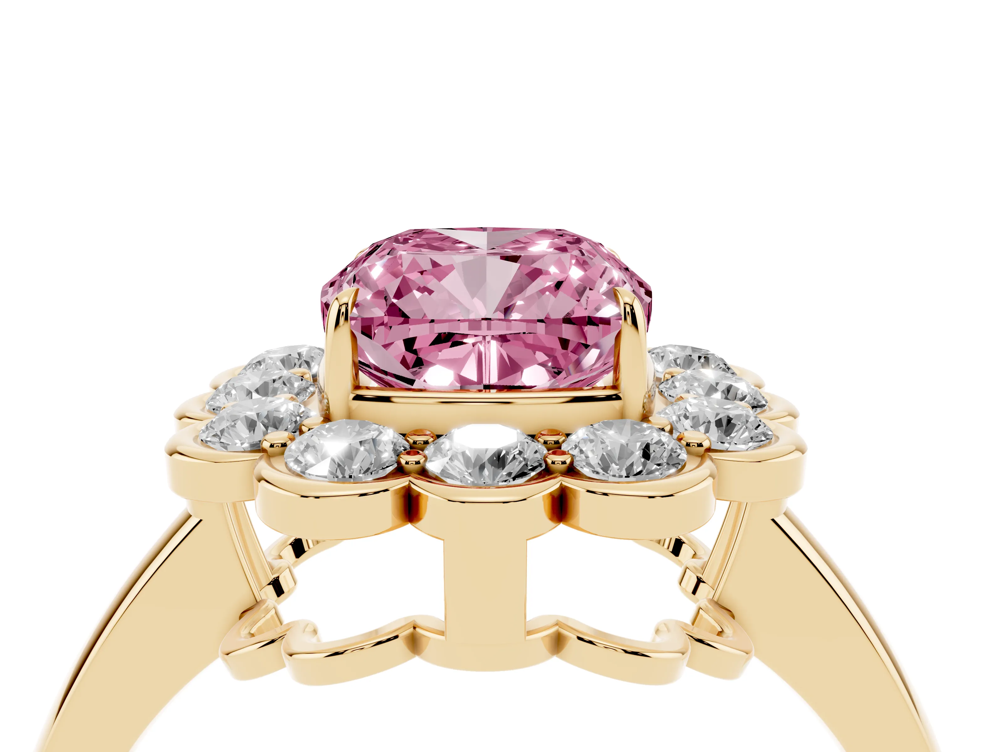Fancy Pink Cushion Cut Diamond Halo Cluster Engagement Ring Set in Yellow gold with Solitaire Band and Prong Setting