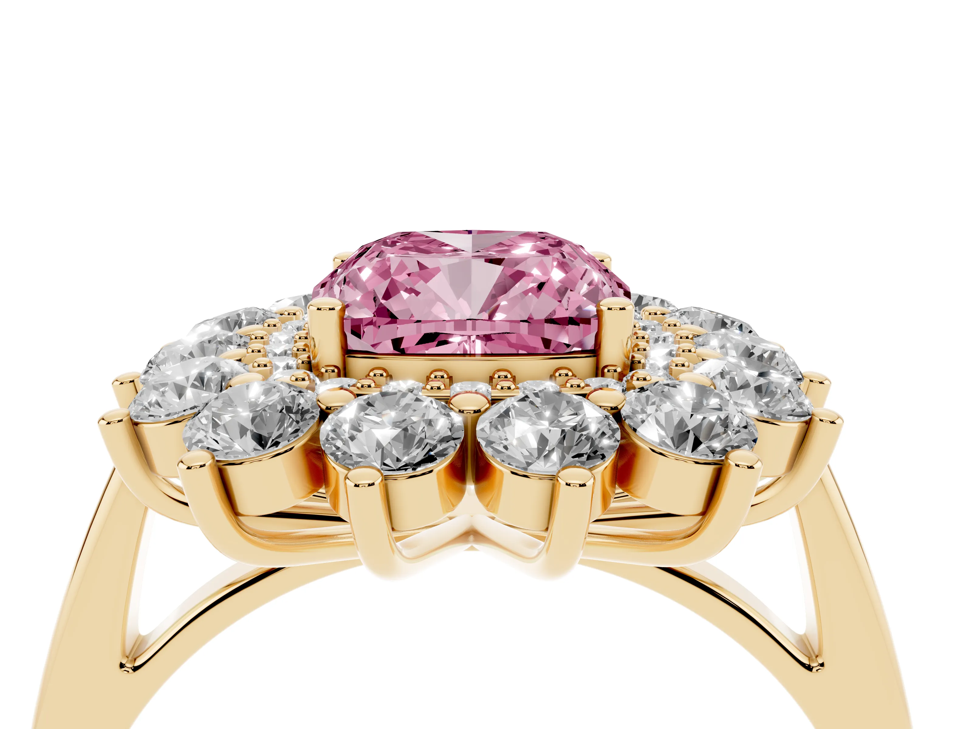 Fancy Pink Cushion Cut Diamond Floral Double Halo Ring Set in Yellow gold with Round Petals