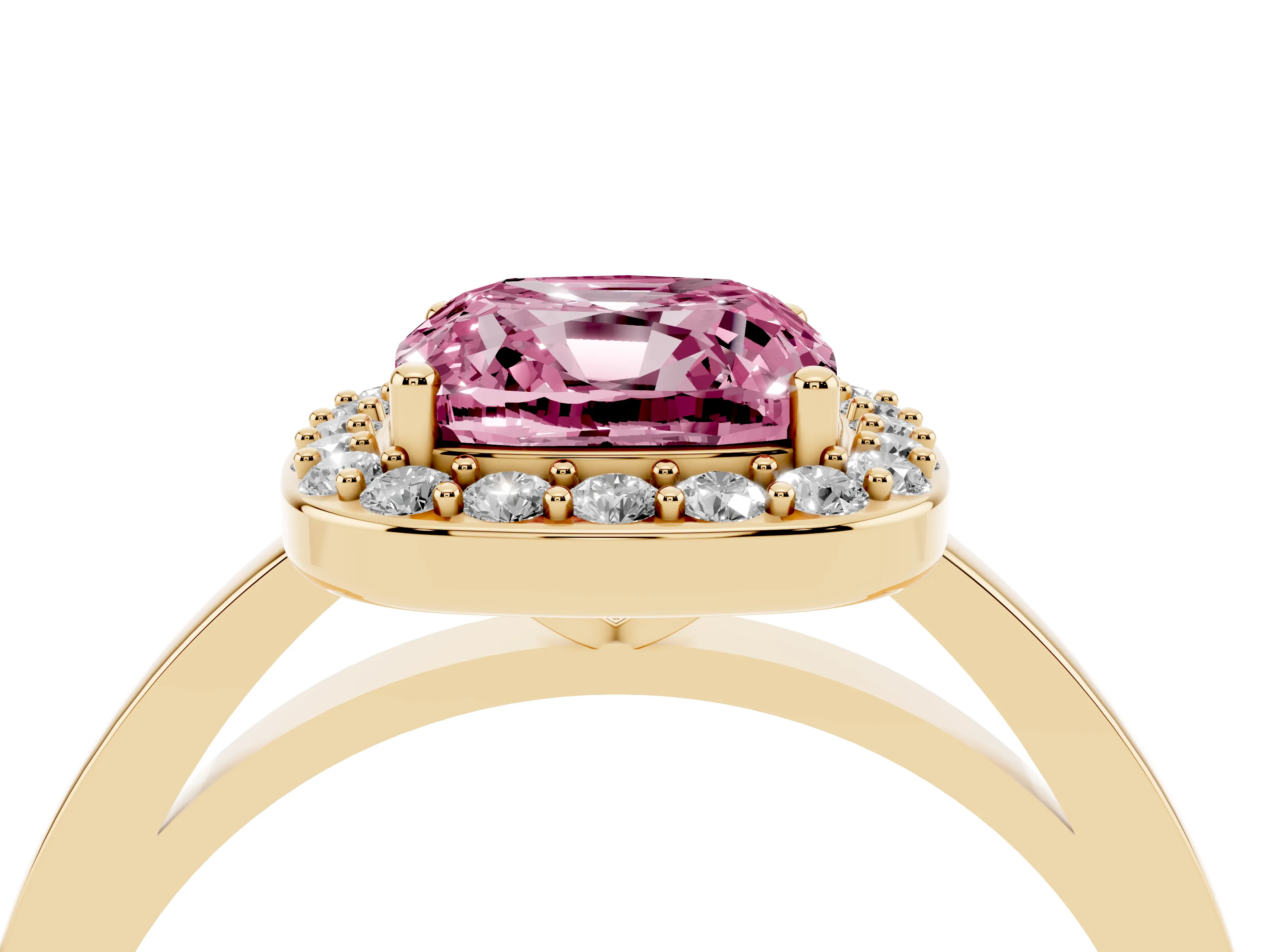 Fancy Pink Cushion Cut Diamond Halo Ring Set in Yellow gold with Solitaire Band and Prong Setting