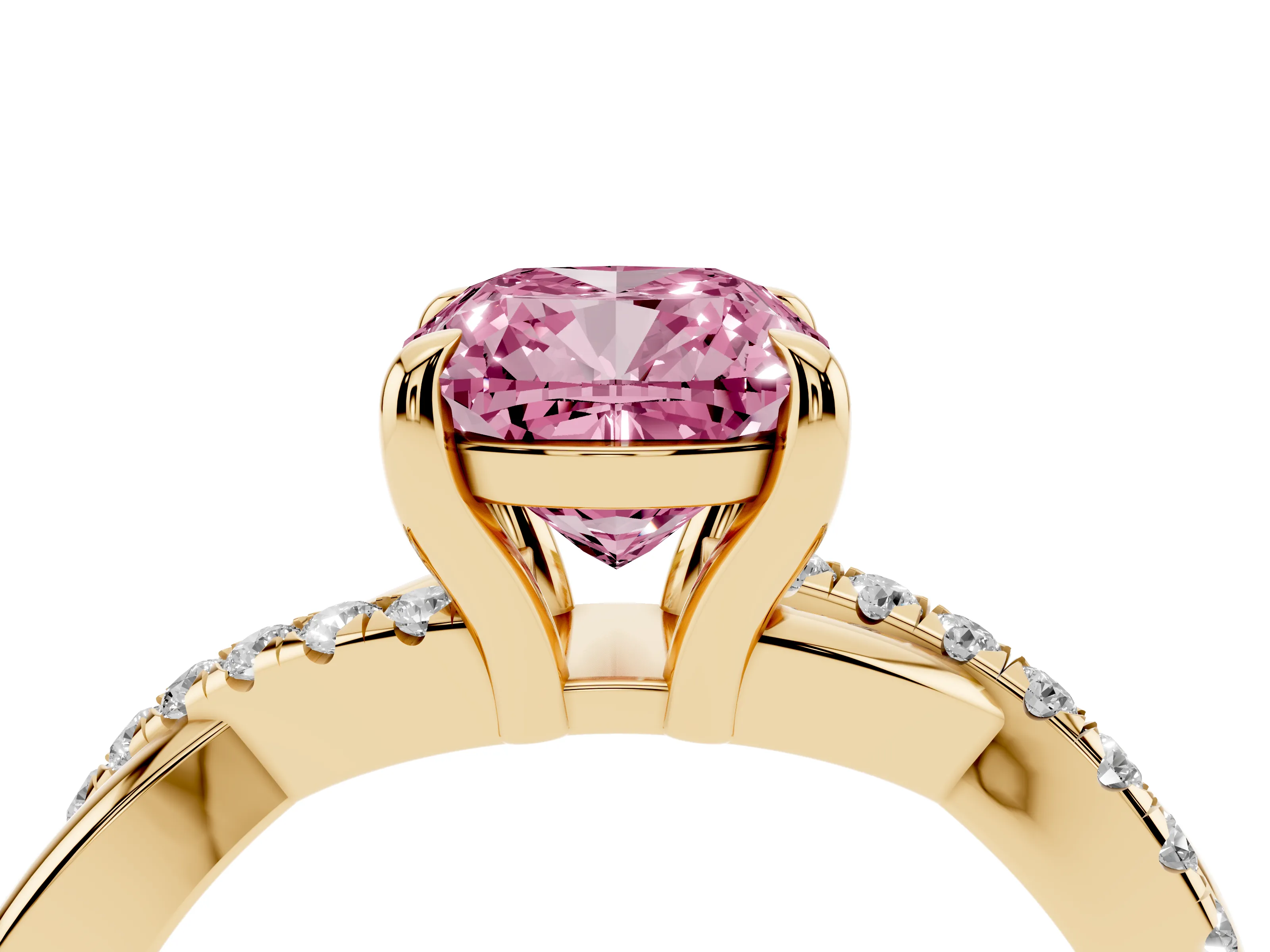 Fancy Pink Cushion Cut Diamond Twist Band Pavé Solitaire Ring Set in Yellow gold with Prong Setting