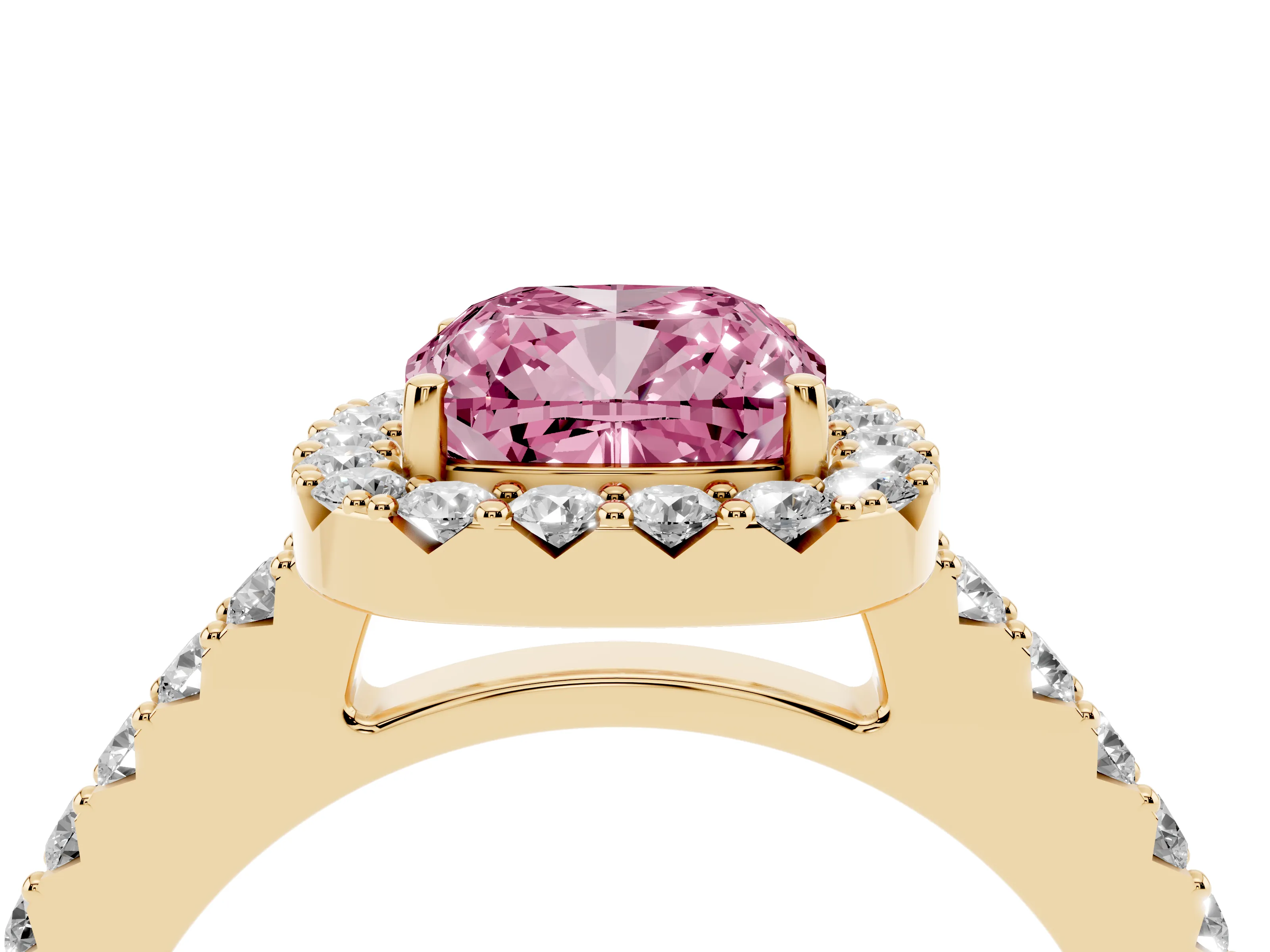 Fancy Pink Cushion Cut Diamond Halo Pavé Solitaire Ring Set in Yellow gold with Prong-Set Center Stone