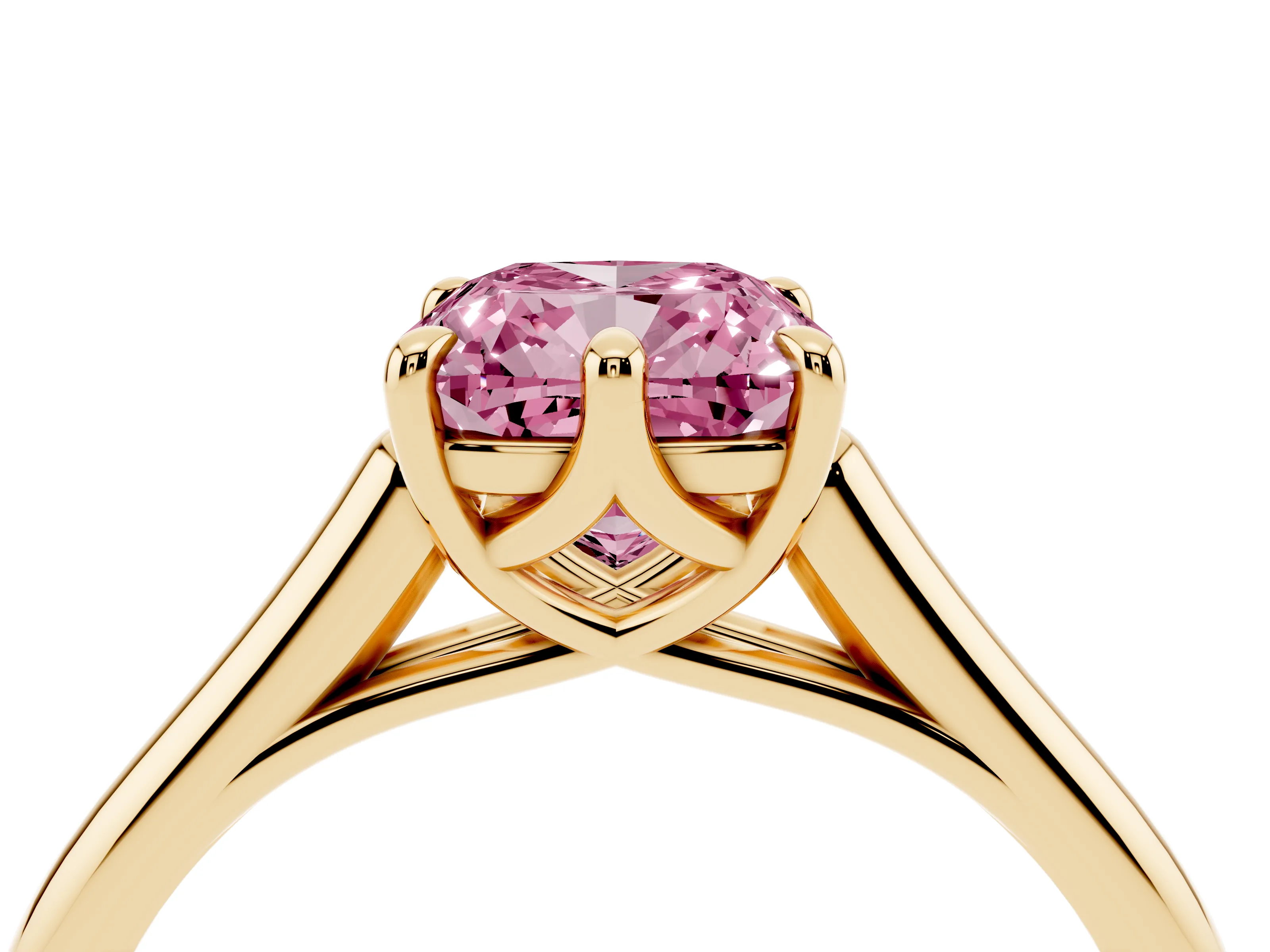 Fancy Pink Cushion Cut Diamond Solitaire Engagement Ring Set in Yellow gold with Prong Setting and Plain Classic Band