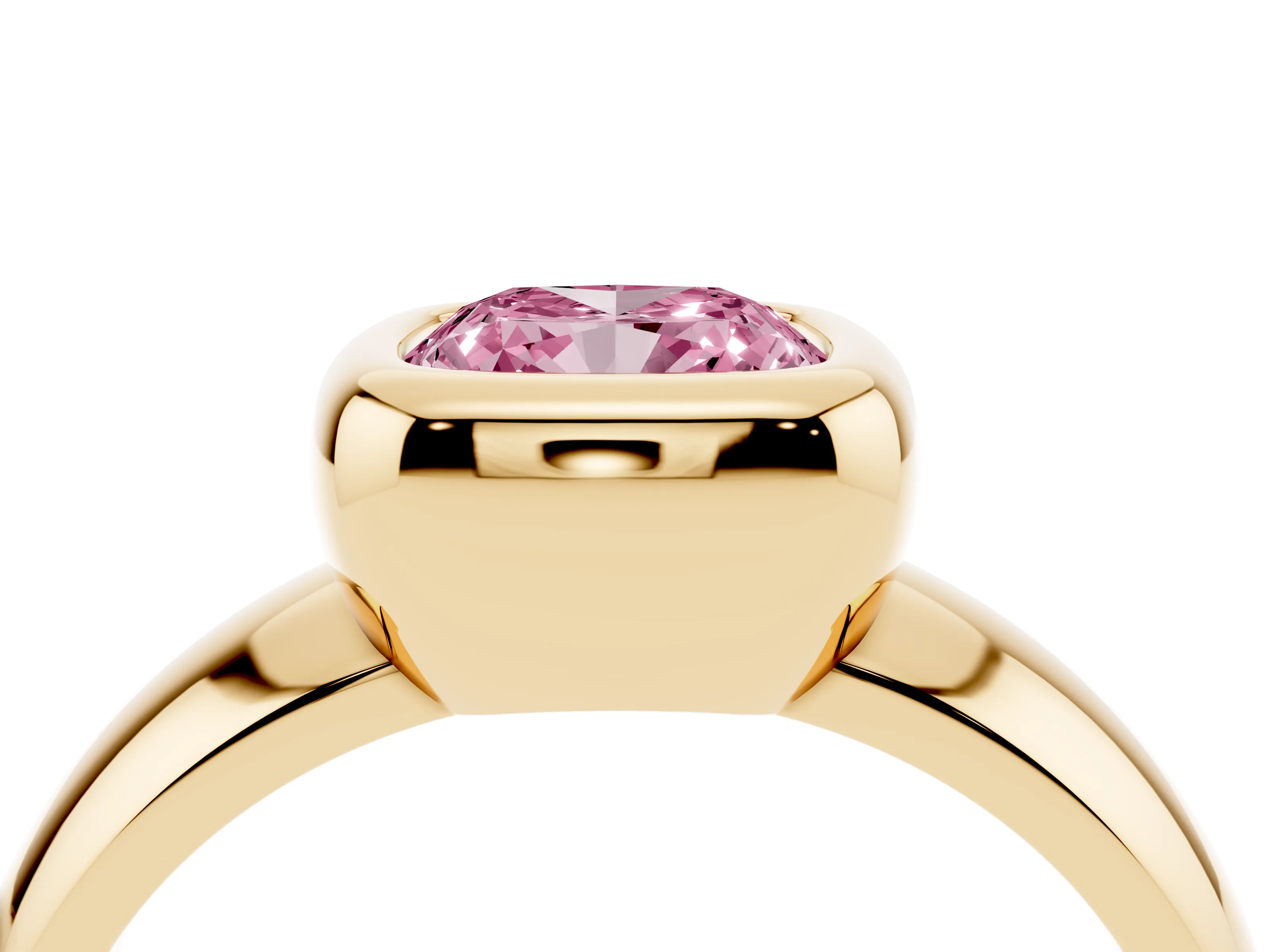 Fancy Pink Bezel Set Cushion Cut Diamond Solitaire Ring Set in Yellow gold with Wide Band